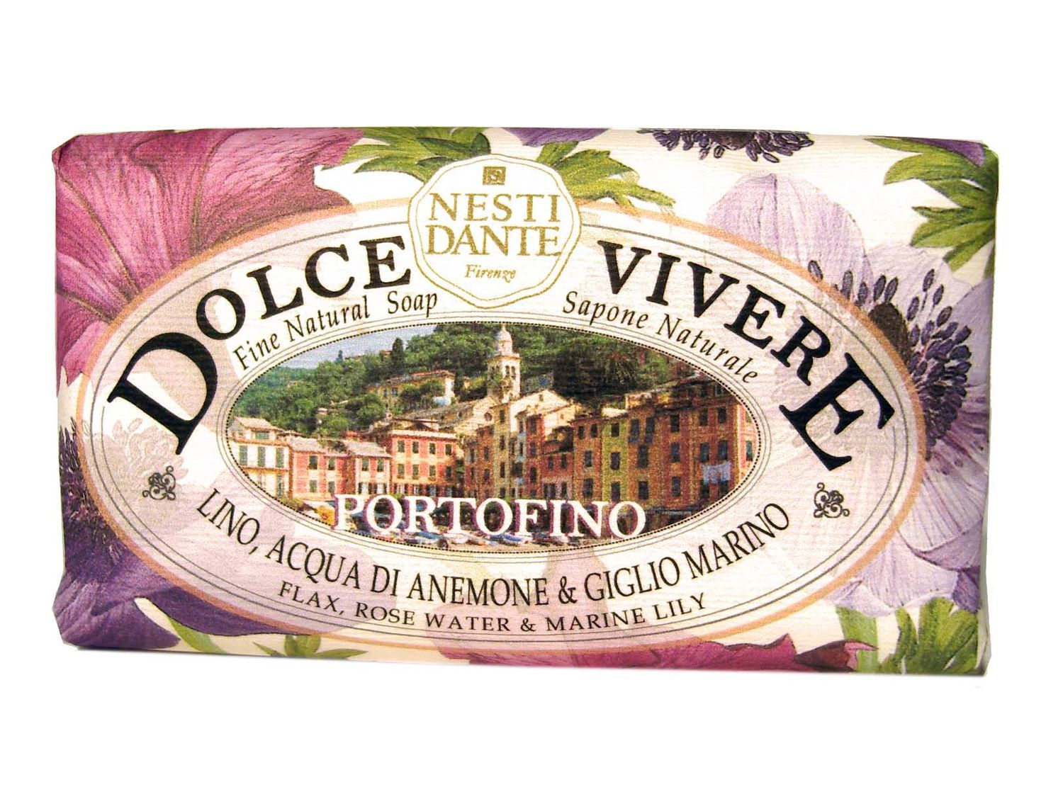 Seife mit floralem Design und Text. Aufschrift: DOLCE VIVERE, PORTOFINO, NESTI DANTE. Inhaltsstoffe: Lino, Acqua di Anemone & Giglio Marino.