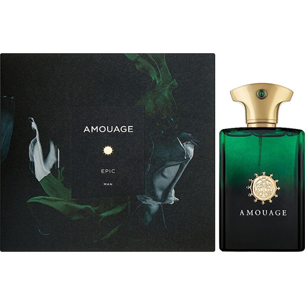 Amouage Epic Man Geschenkset mit dunkelgrüner Flasche und passender Verpackung.
