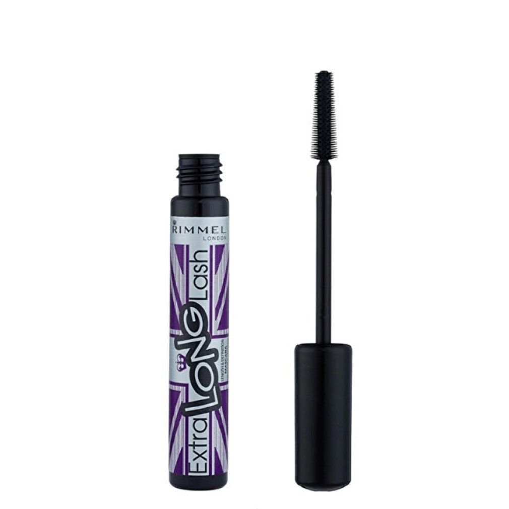 Offene schwarze Mascara-Tube mit Bürste. Aufschrift: Extra Long Lash, Rimmel London.