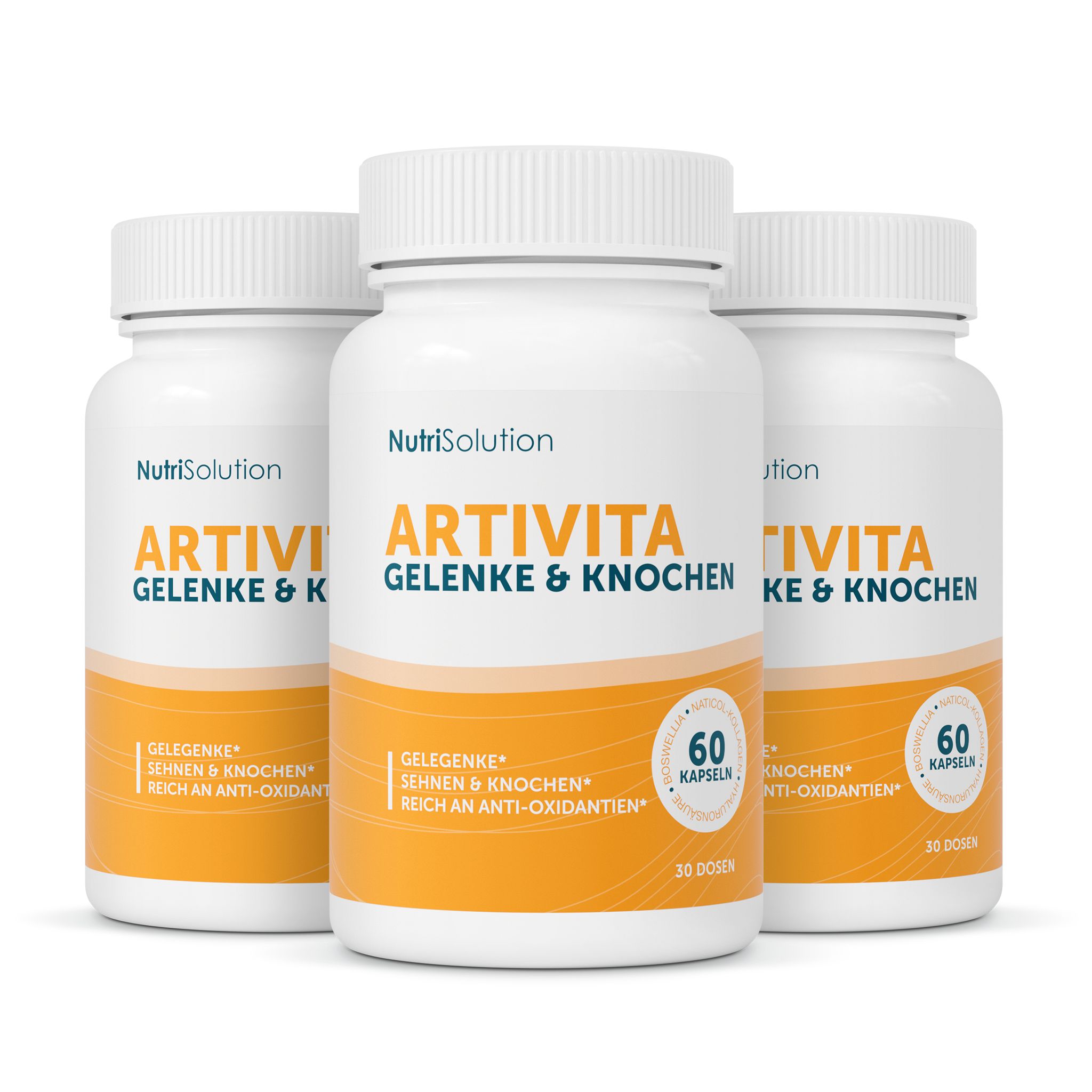 Drei Flaschen NutriSolution Artivita Gelenke & Knochen mit je 60 Kapseln.