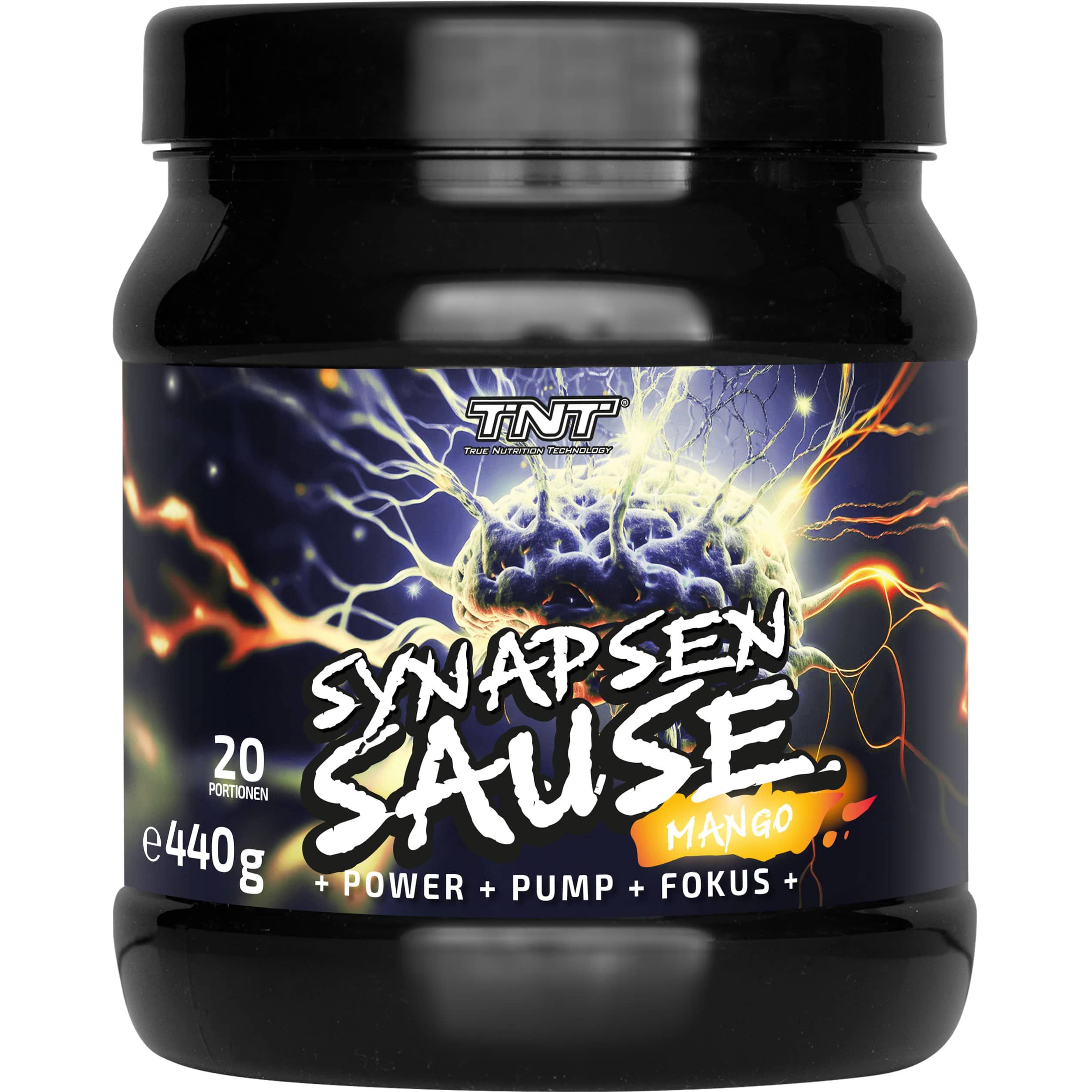 Schwarzes Produktglas mit Aufschrift TNT Synapsensause, Mango-Geschmack. Enthält 20 Portionen, 440g.