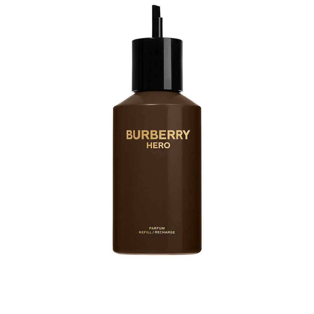 Burberry Hero Parfum Refill. Braune Flasche mit schwarzem Deckel. Goldener Schriftzug. Nachfüllflasche.