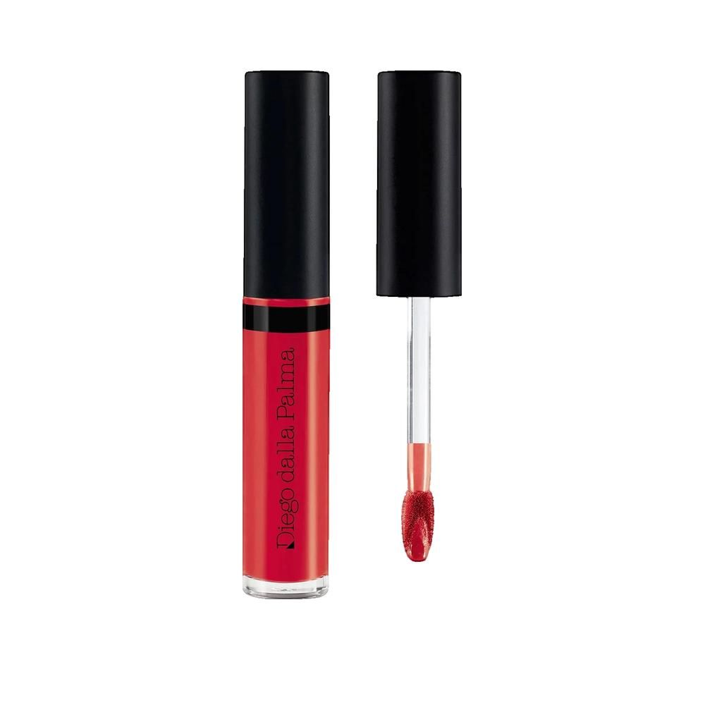 Roter Lippenstift mit schwarzem Deckel. Offen, mit Applikator. Marke: Diego Dalla Palma.