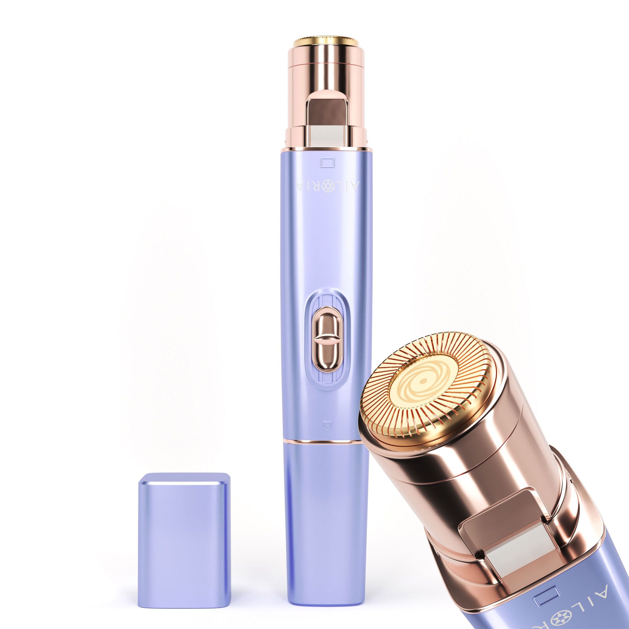 AILORIA LIBERTY 2in1 Lipstick Rasierer. Lila-goldfarben. Mit abgenommenem Deckel. Zwei Aufsätze: Trimmer und Rasierer.