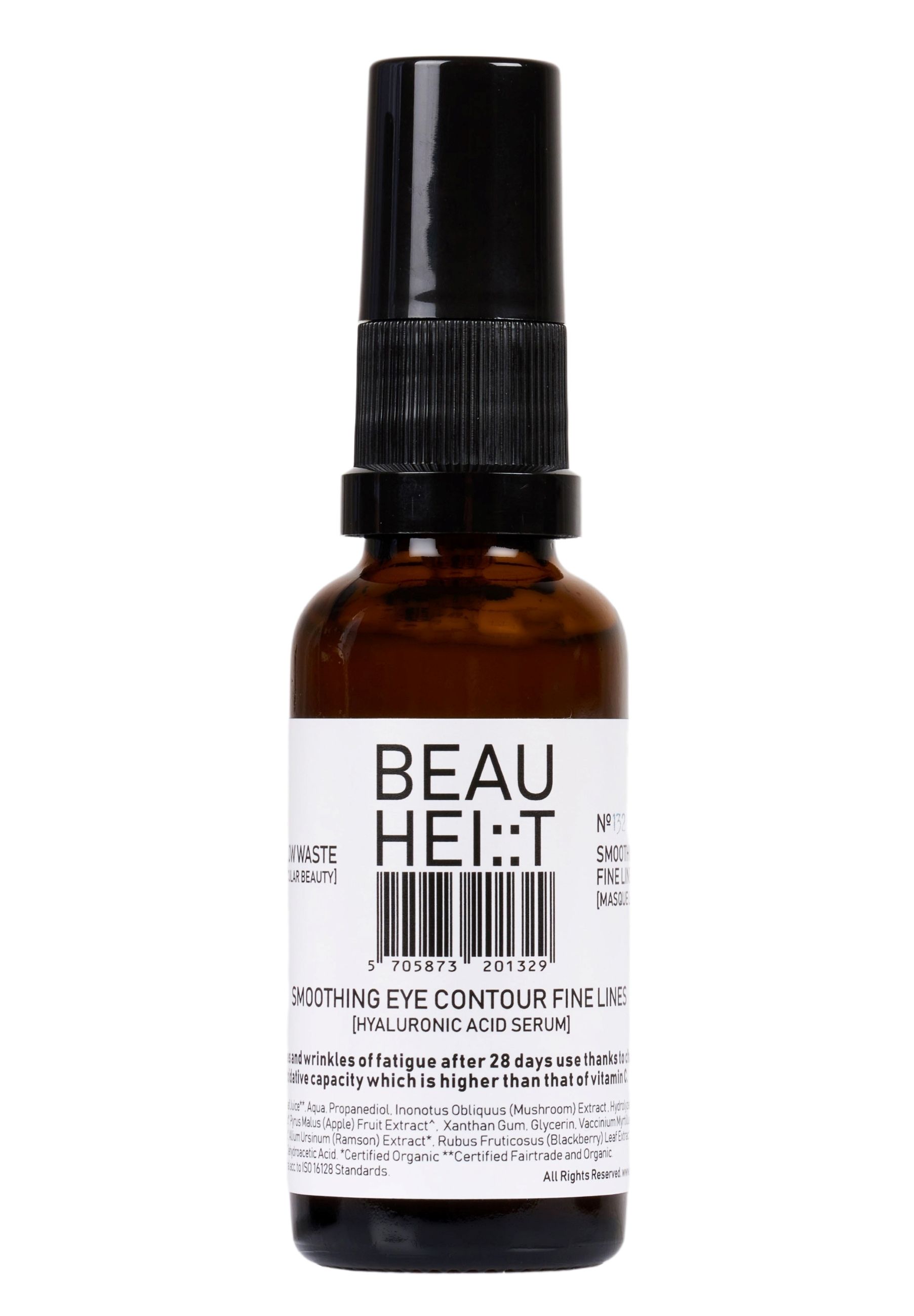 Braune Glasflasche mit schwarzem Deckel. Aufschrift: BEAUHEIT Smoothing Eye Contour Fine Lines Gesichtsserum. Enthält Hyaluronsäure.