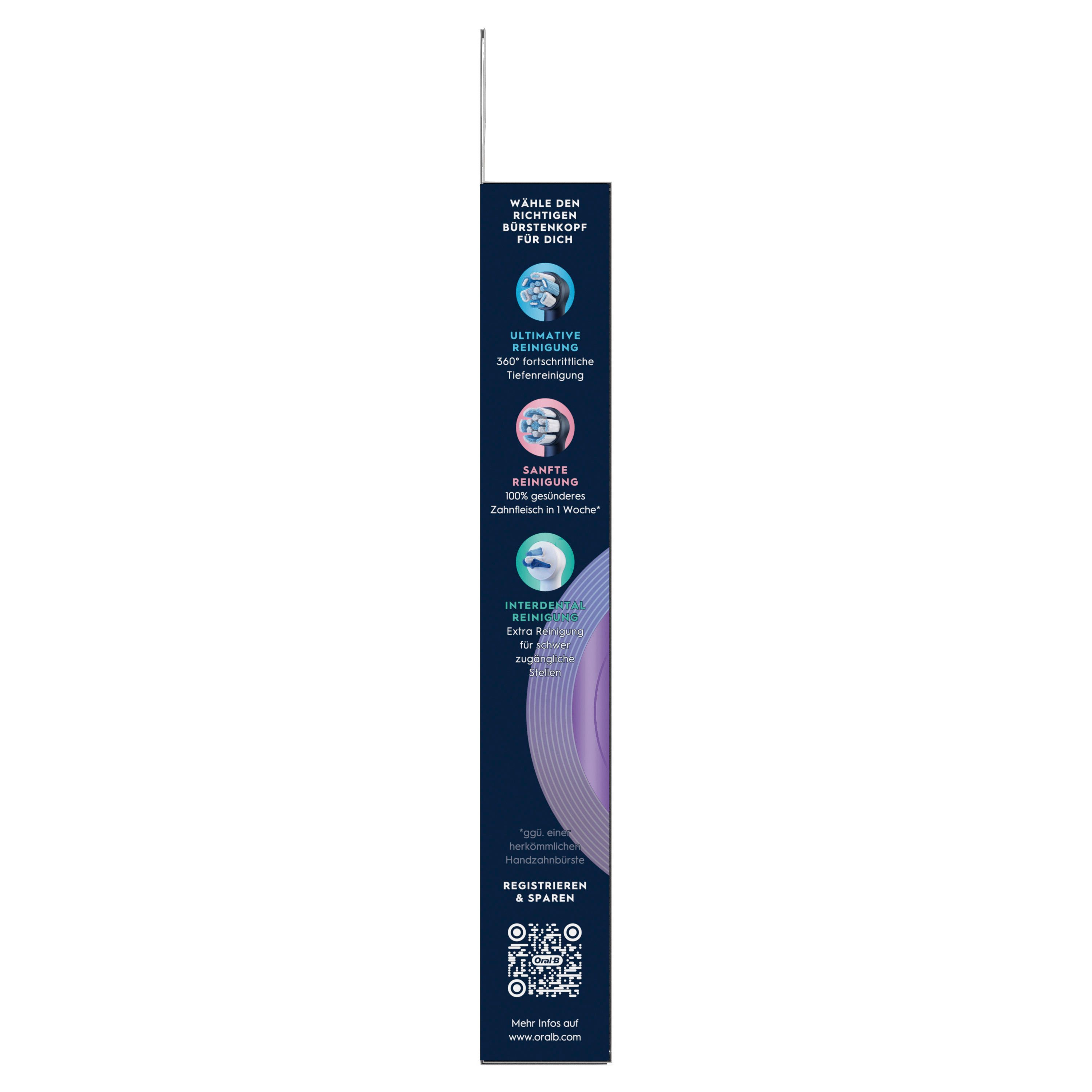 Verpackung der Oral-B iO Aufsteckbürsten. Seitliche Ansicht mit Produktinformationen und Logos. Text: Ultimative Reinigung.