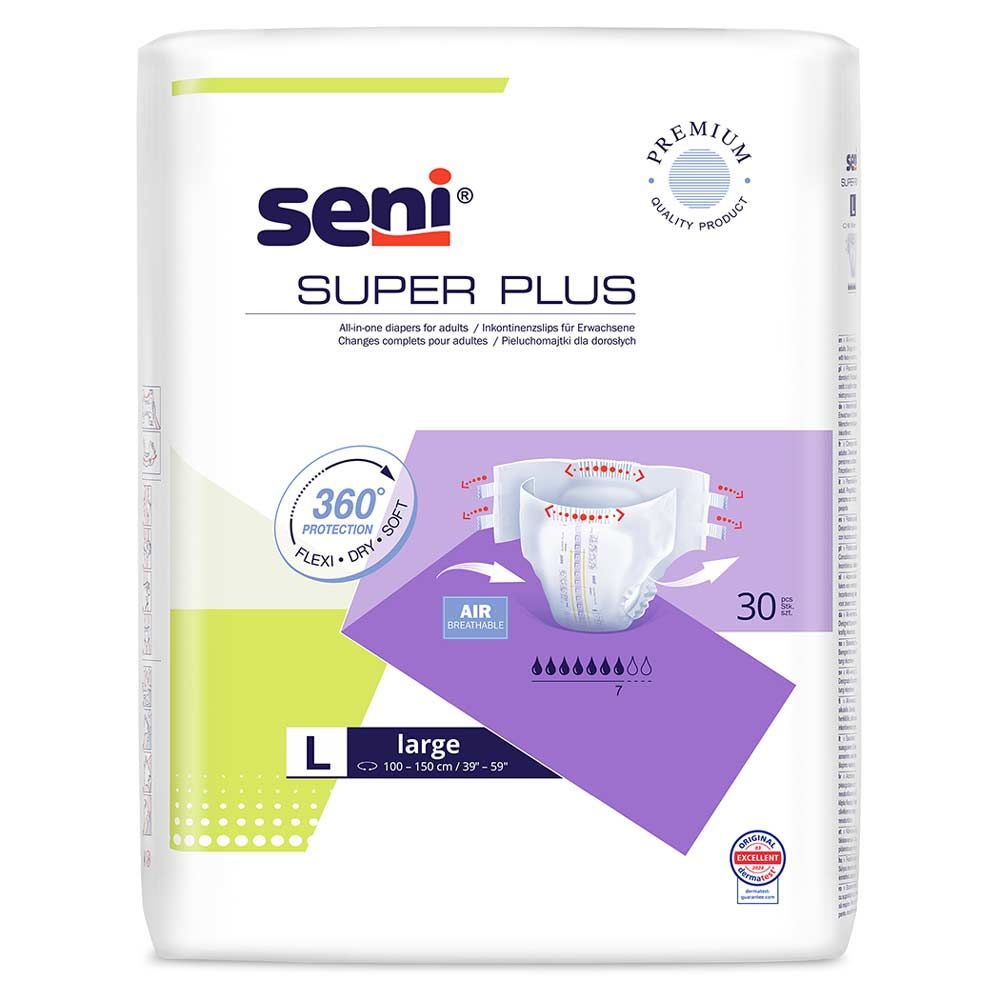 Verpackung SENI Super Plus L. Weiße Packung mit Produktabbildung. Text: SENI, SUPER PLUS, L, 30 Stück. Qualitätszeichen.