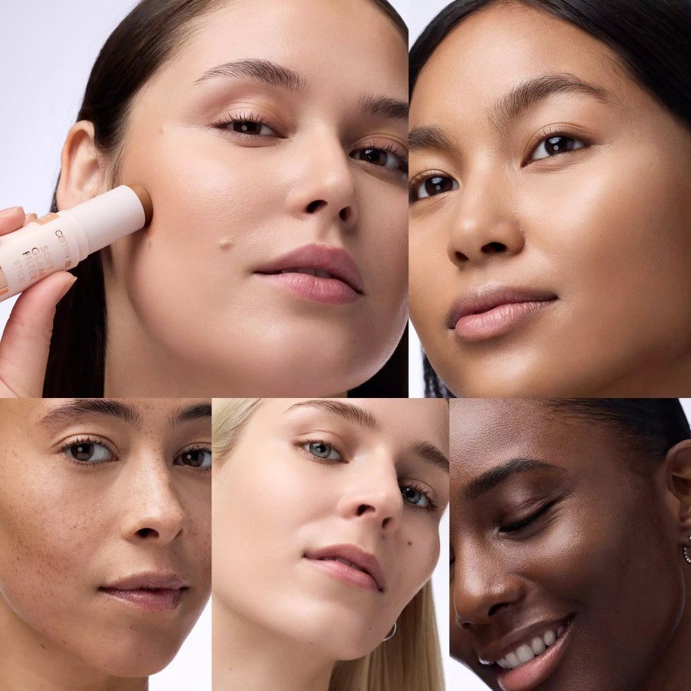 Fünf Frauen mit unterschiedlichen Hauttönen. Produktanwendung.