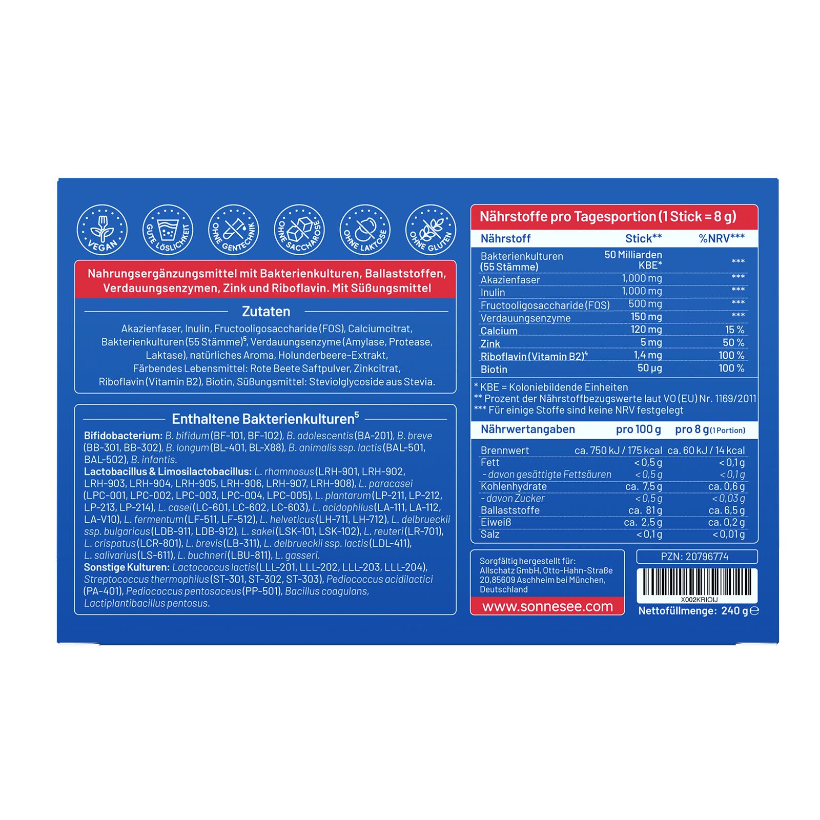 Rückseite Verpackung ULTIBIOM 55: Zutaten, enthaltene Bakterienkulturen, Nährwertangaben, Hersteller.