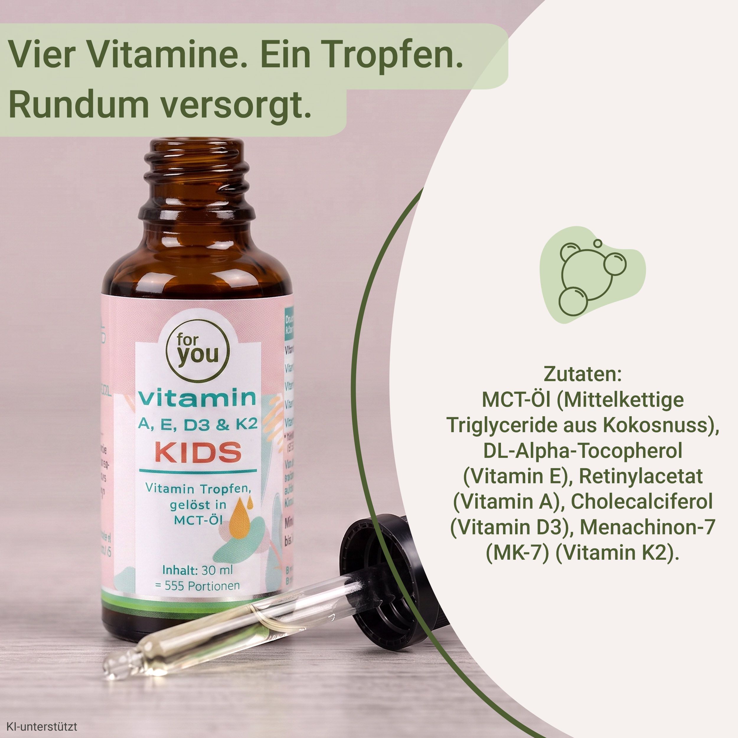 Flasche mit Pipette für Vitamin-Tropfen für Kinder, mit Text zu vier Vitaminen und Zutaten.