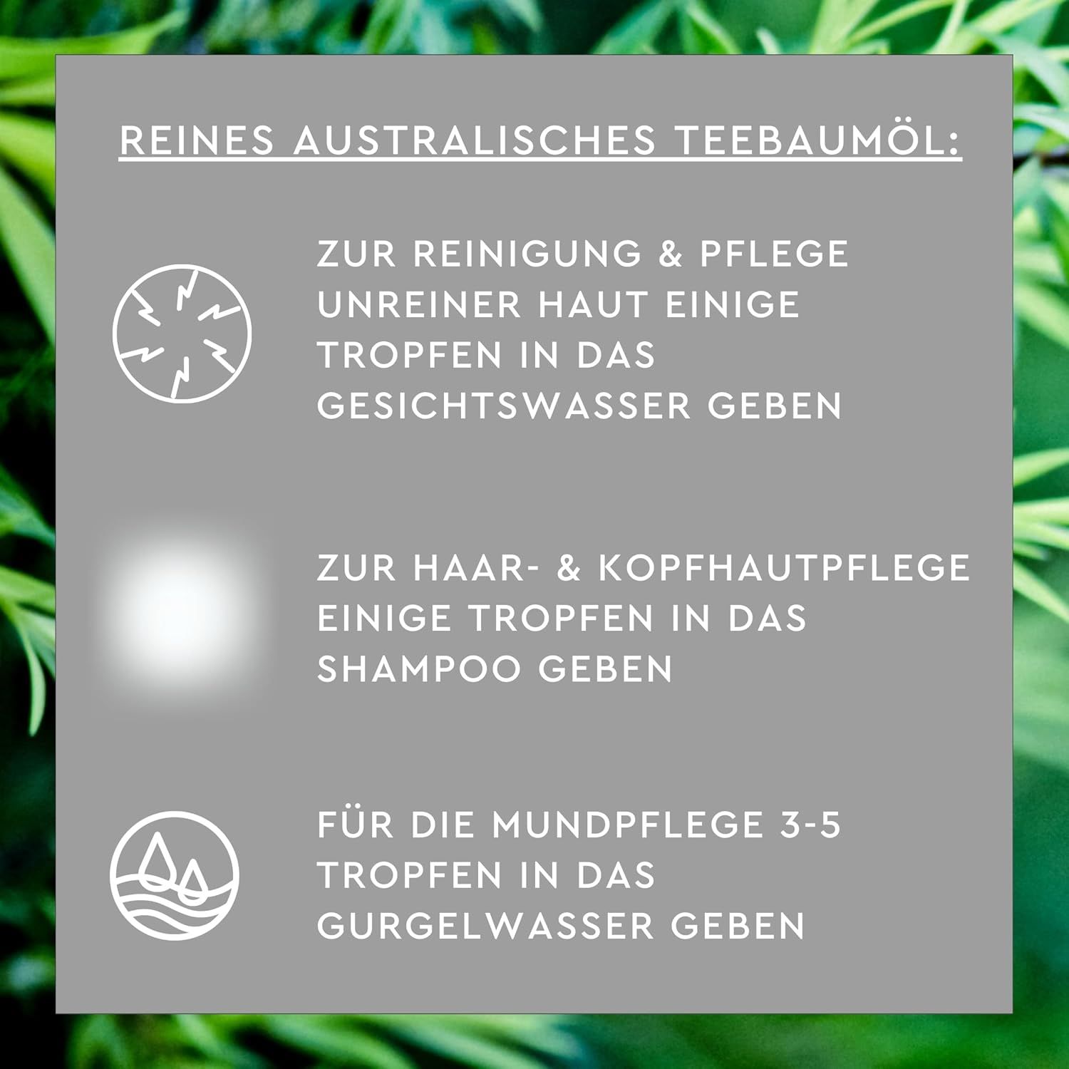 Text auf grünem Hintergrund. Text: Teebaumöl mit Vitamin E: Für reine Haut, Mundpflege, gegen Schuppen & Reizungen, zur Desodorierung.
