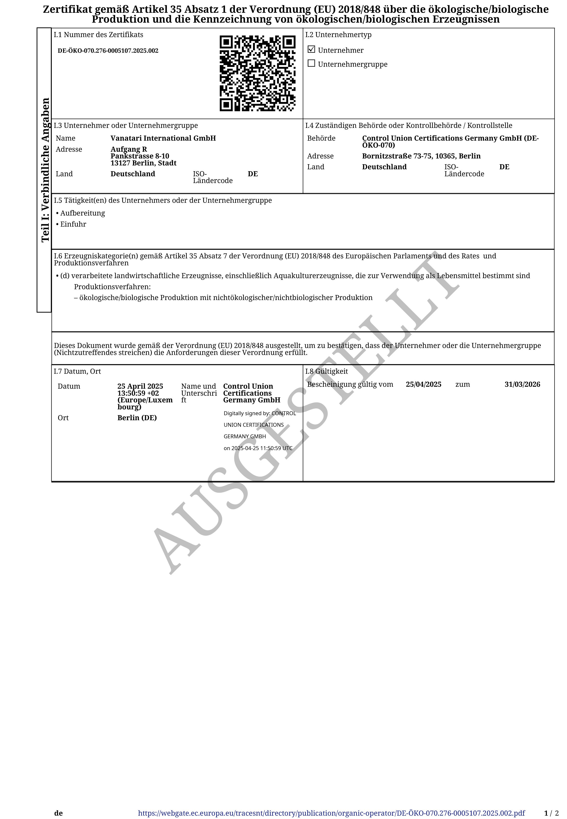 Zertifikat für ökologische/biologische Erzeugnisse. Ausgestellt von LACON GmbH. Gültig bis 31.03.2026.