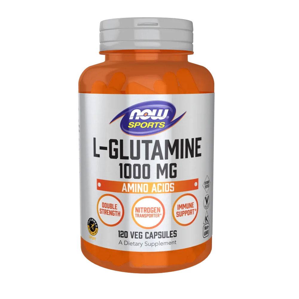 Eine Flasche mit L-Glutamin-Kapseln. Aufschrift: NOW SPORTS, L-Glutamin 1000 MG, Aminosäuren, 120 Veg. Kapseln.