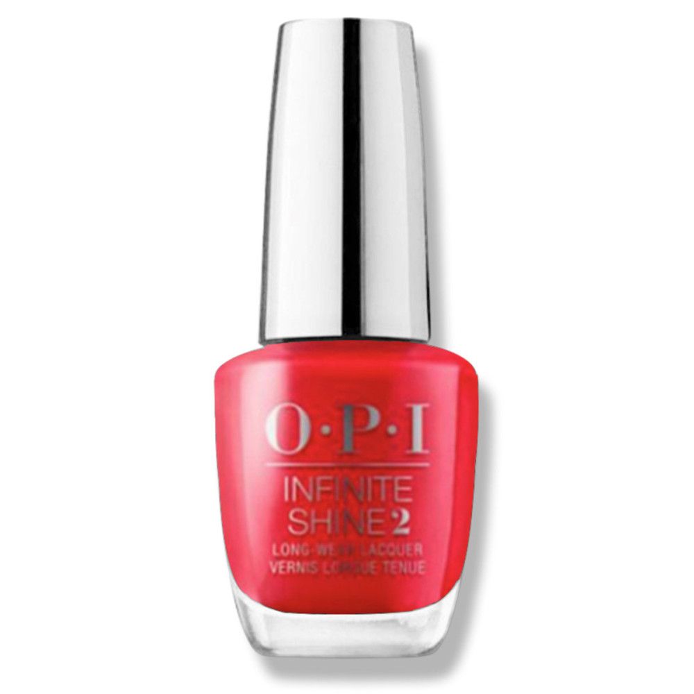Nagellackflasche mit rotem Lack und silbernem Deckel. OPI Infinite Shine 2 Schriftzug.