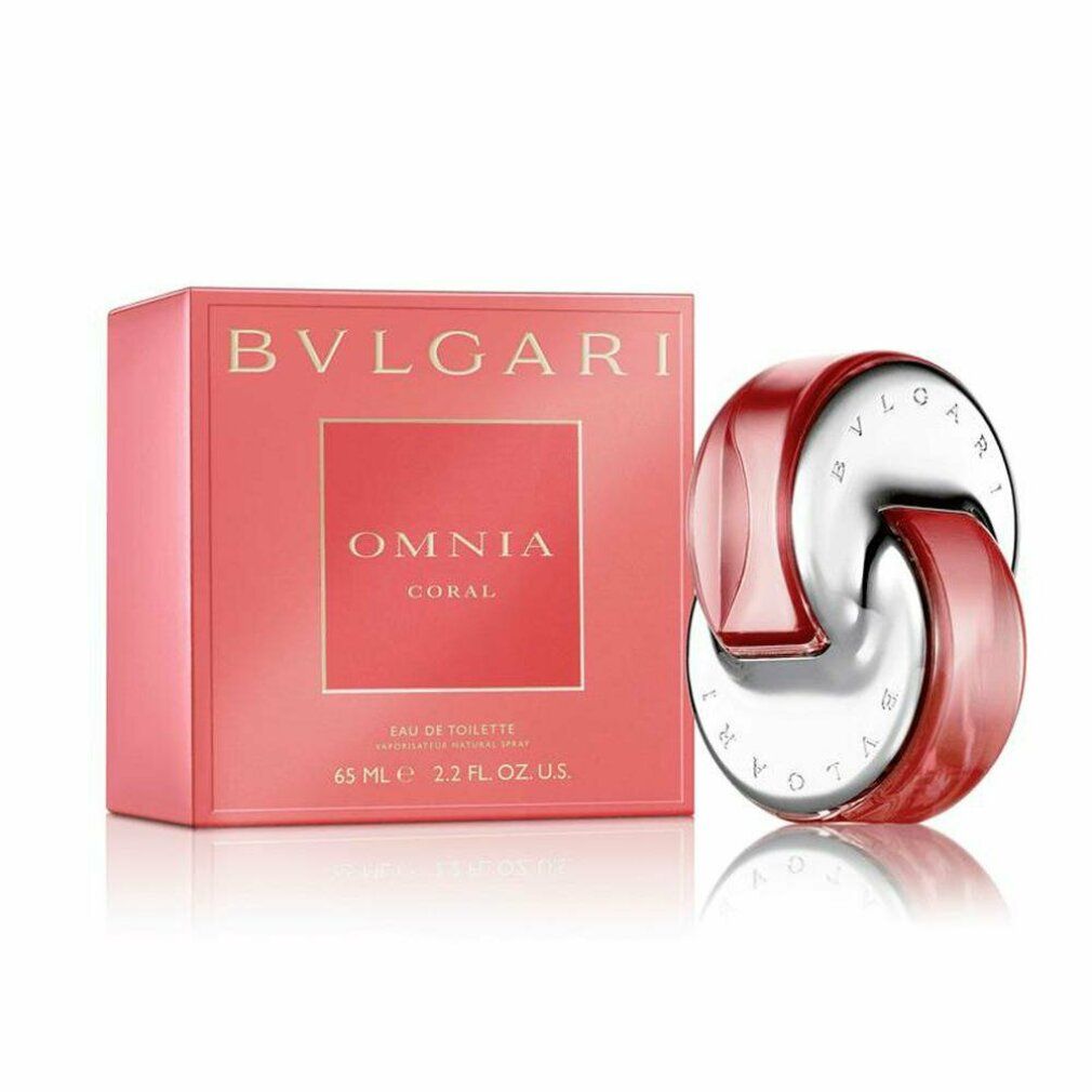 Rosa Verpackung und Parfümflakon. BVLGARI, OMNIA CORAL, Eau de Toilette. 65 ml, 2.2 FL. OZ. U.S.