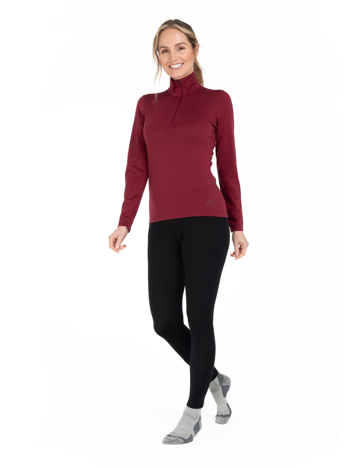 Damen Zip Longsleeve aus 100% Merinowolle in Beerenrot.