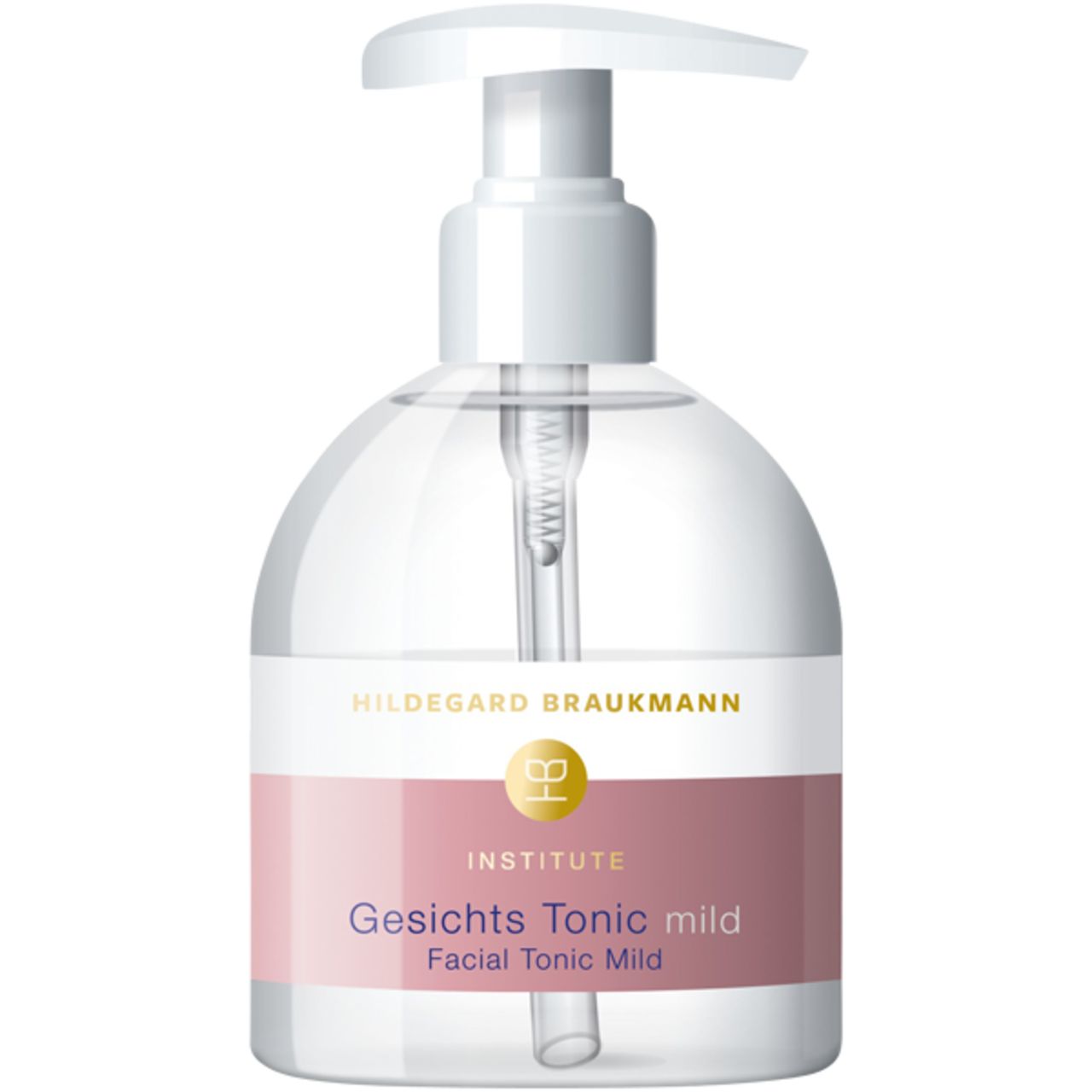 Klare Flasche mit weißem Pumpkopf. Etikett mit Produktnamen und Marke.