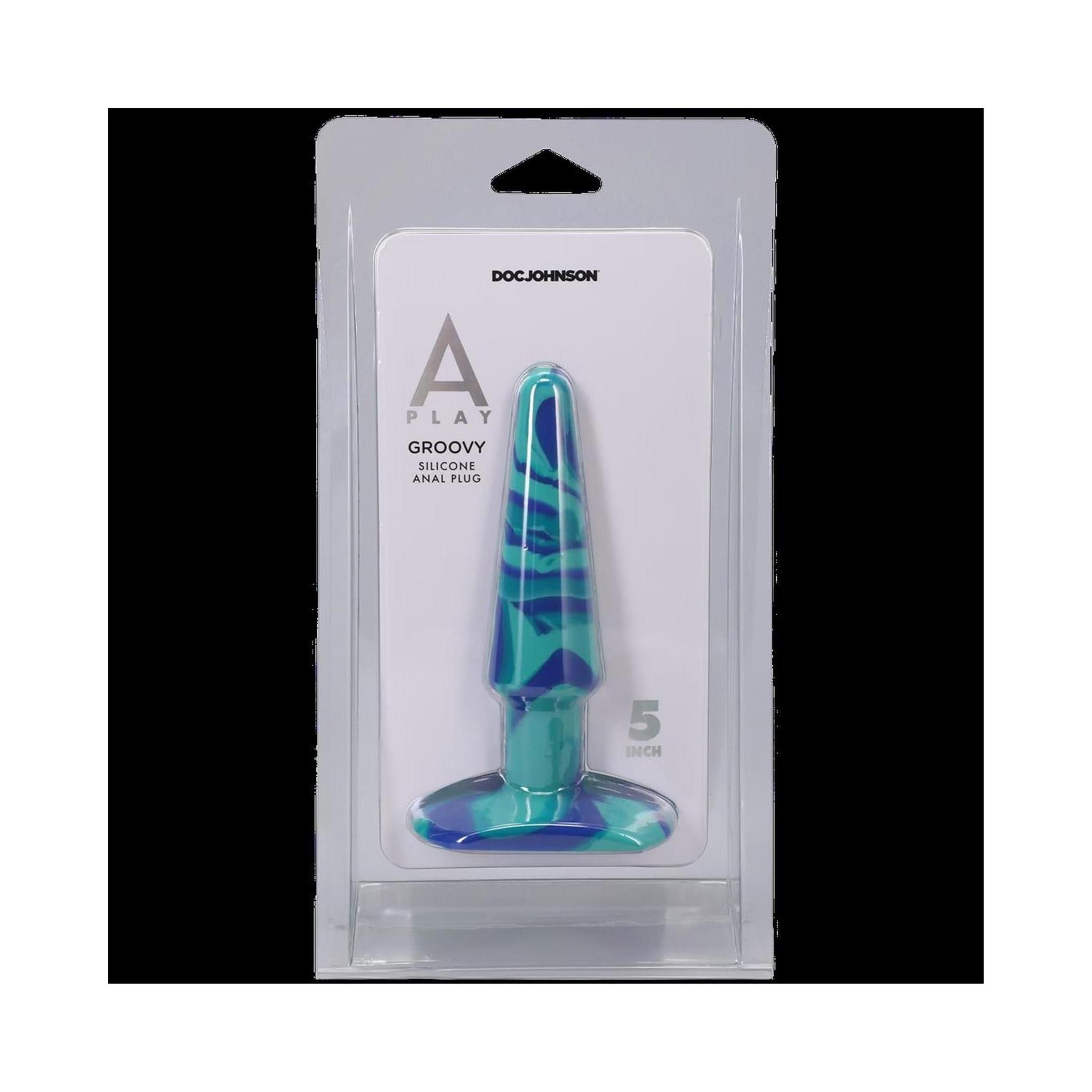 Analplug aus Silikon. Blau-türkis marmoriertes Design. Verpackt in Blister. Marke: Doc Johnson. Aufschrift: Groovy, 5 inch.