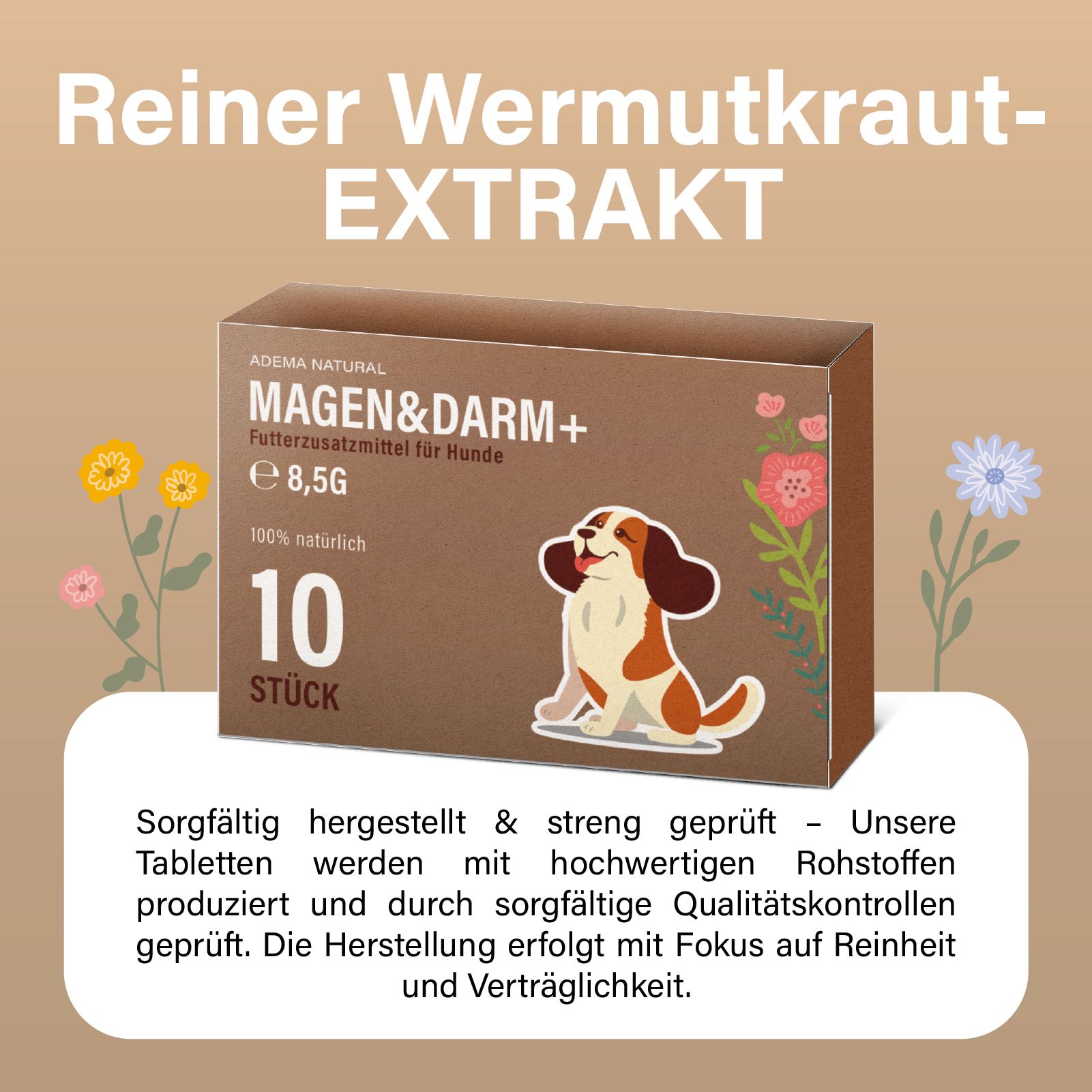 Werbebild mit Schachtel Magen&Darm+ und Blumen. Text: Reiner Wermutkraut-Extrakt. Text über Herstellung und Qualität.
