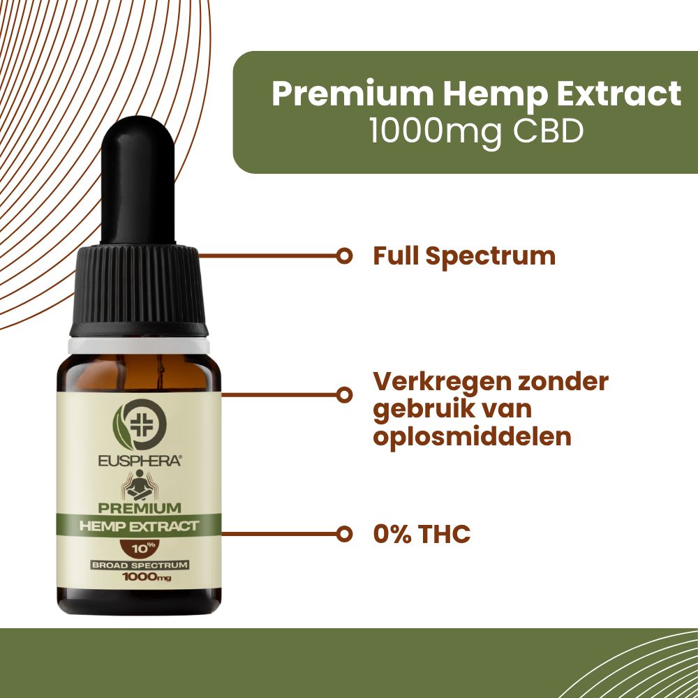 Bruine glazen fles met druppelaar. Tekst: Premium Hemp Extract, 1000mg CBD, volledig spectrum, 0% THC.