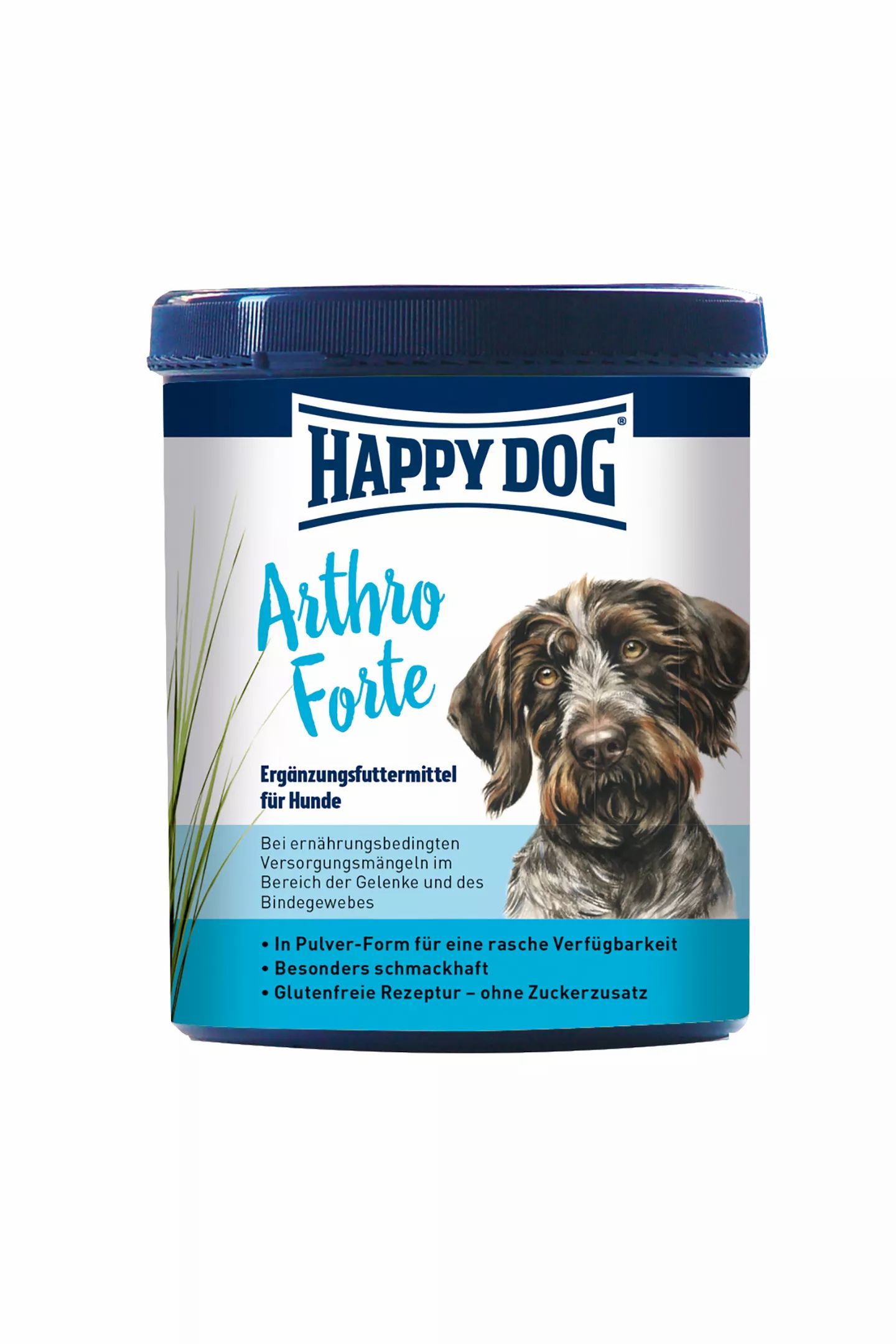 Dose mit "Happy Dog Arthro Forte"-Ergänzungsfuttermittel für Hunde. Aufschrift, Hundebild. Blaue Dose mit Deckel.