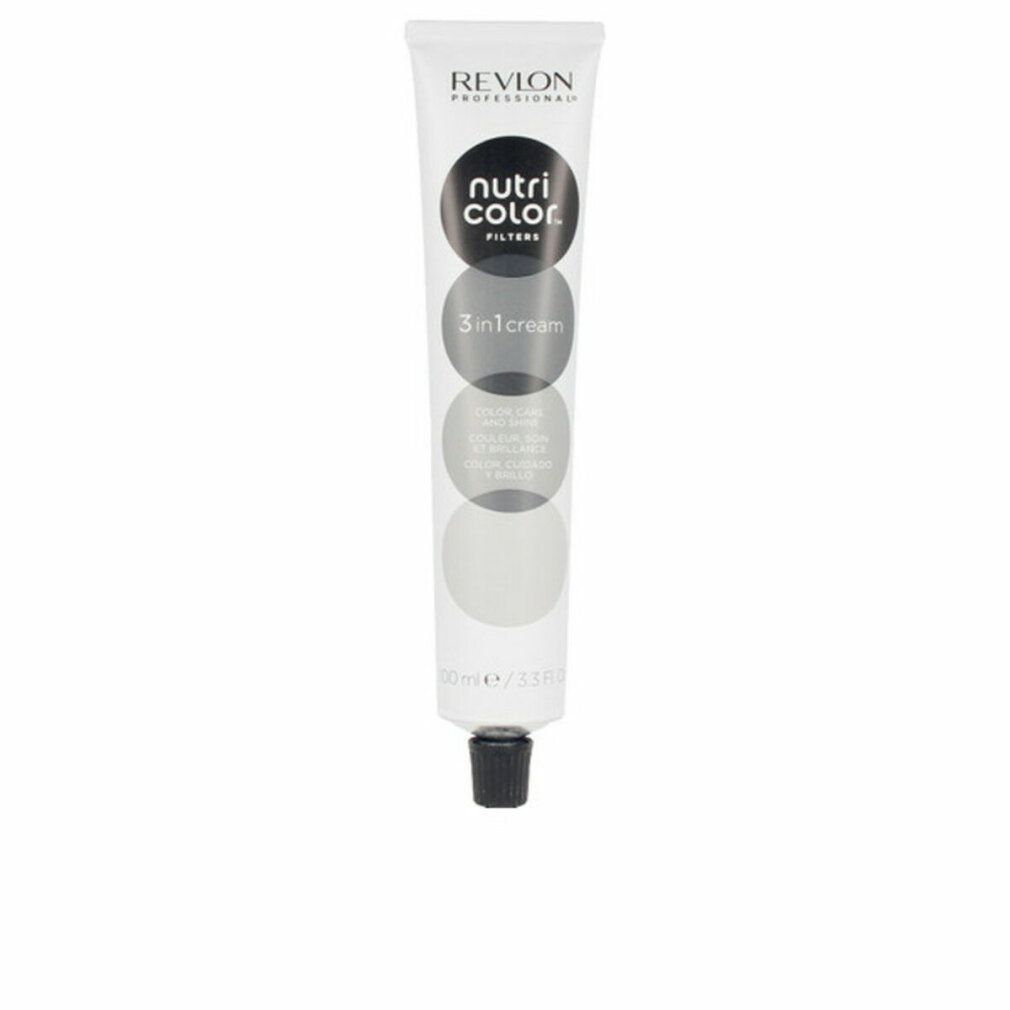 Revlon Nutri Color Filters Tonificante 1002 Tube. Weißer Tube mit schwarzem Deckel. Text: Revlon, Nutri Color, 3 in 1 cream.