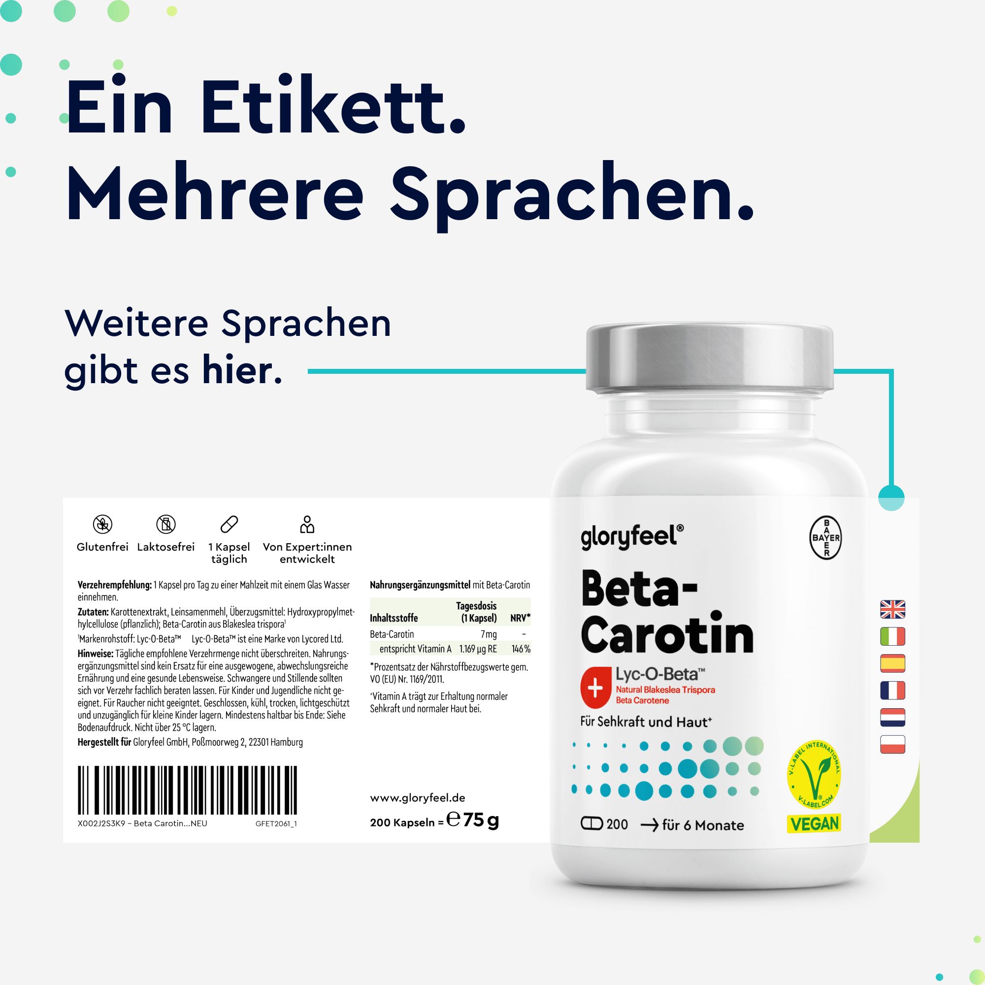 Weiße Flasche mit Kapseln. Aufschrift: gloryfeel Beta-Carotin. Vegan-Siegel. Text: Ein Etikett. Mehrere Sprachen. Etikett mit Text.