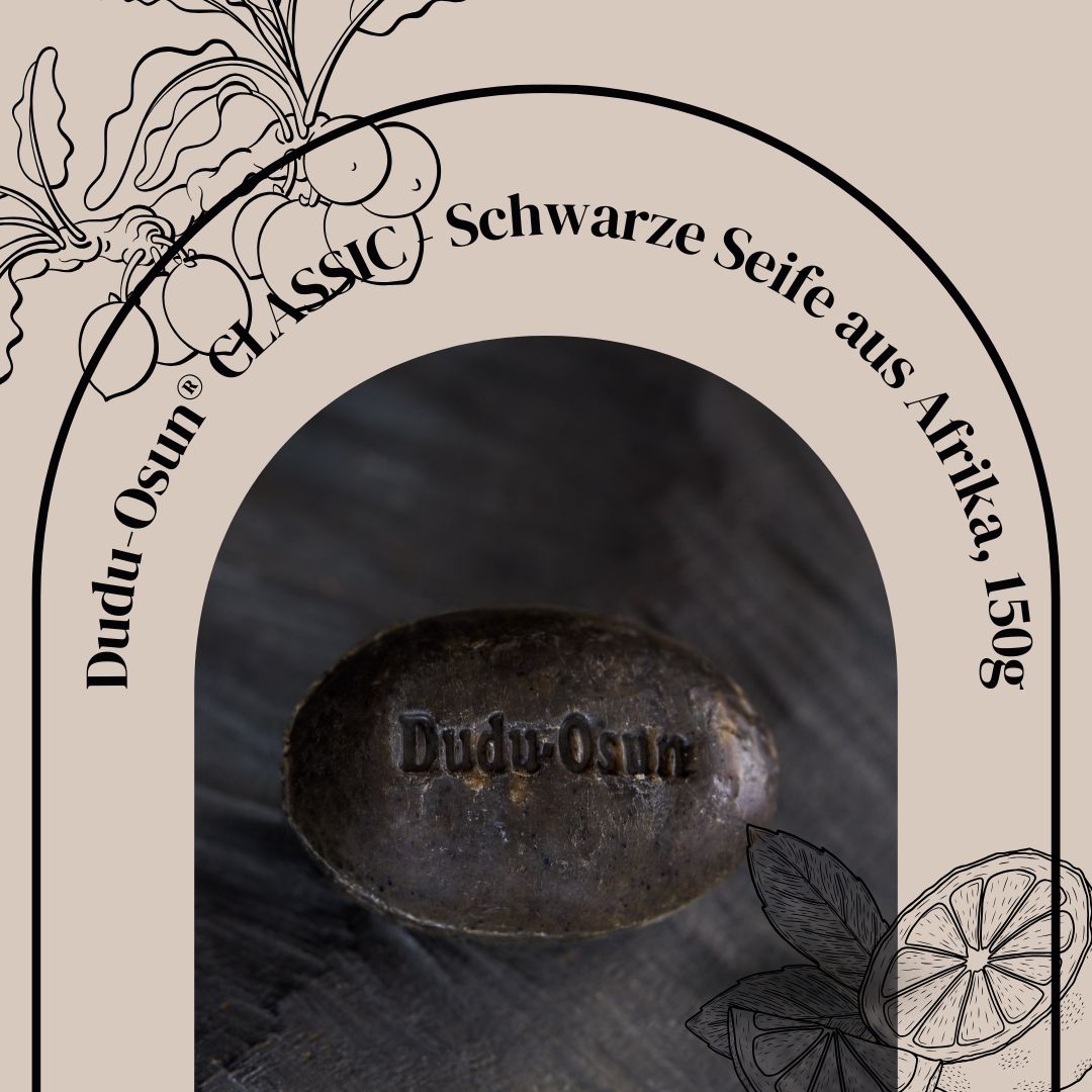Ovale schwarze Seife mit Prägung Dudu-Osun. Text: Dudu-Osun Classic Schwarze Seife aus Afrika, 150g.