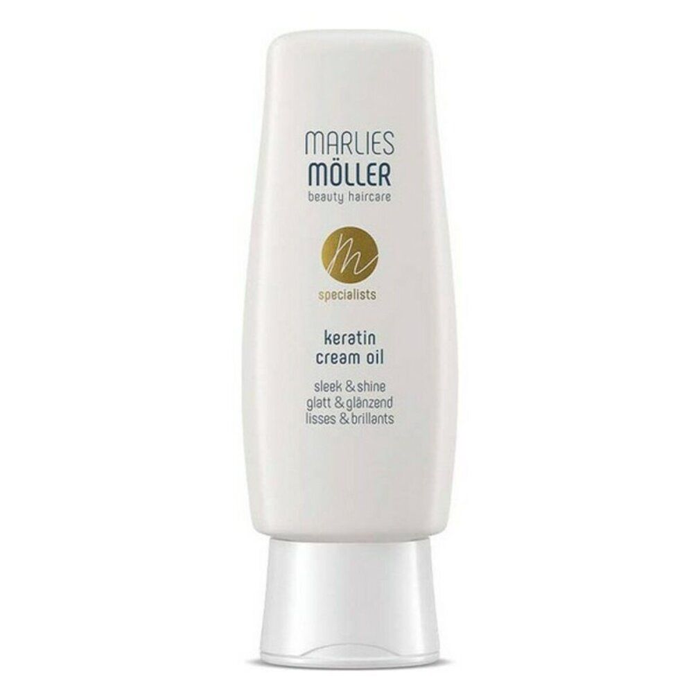 Weiße Tube mit Marlies Möller Keratin Cream Oil. Text in Deutsch und Englisch. Logo mit goldenem Kreis.