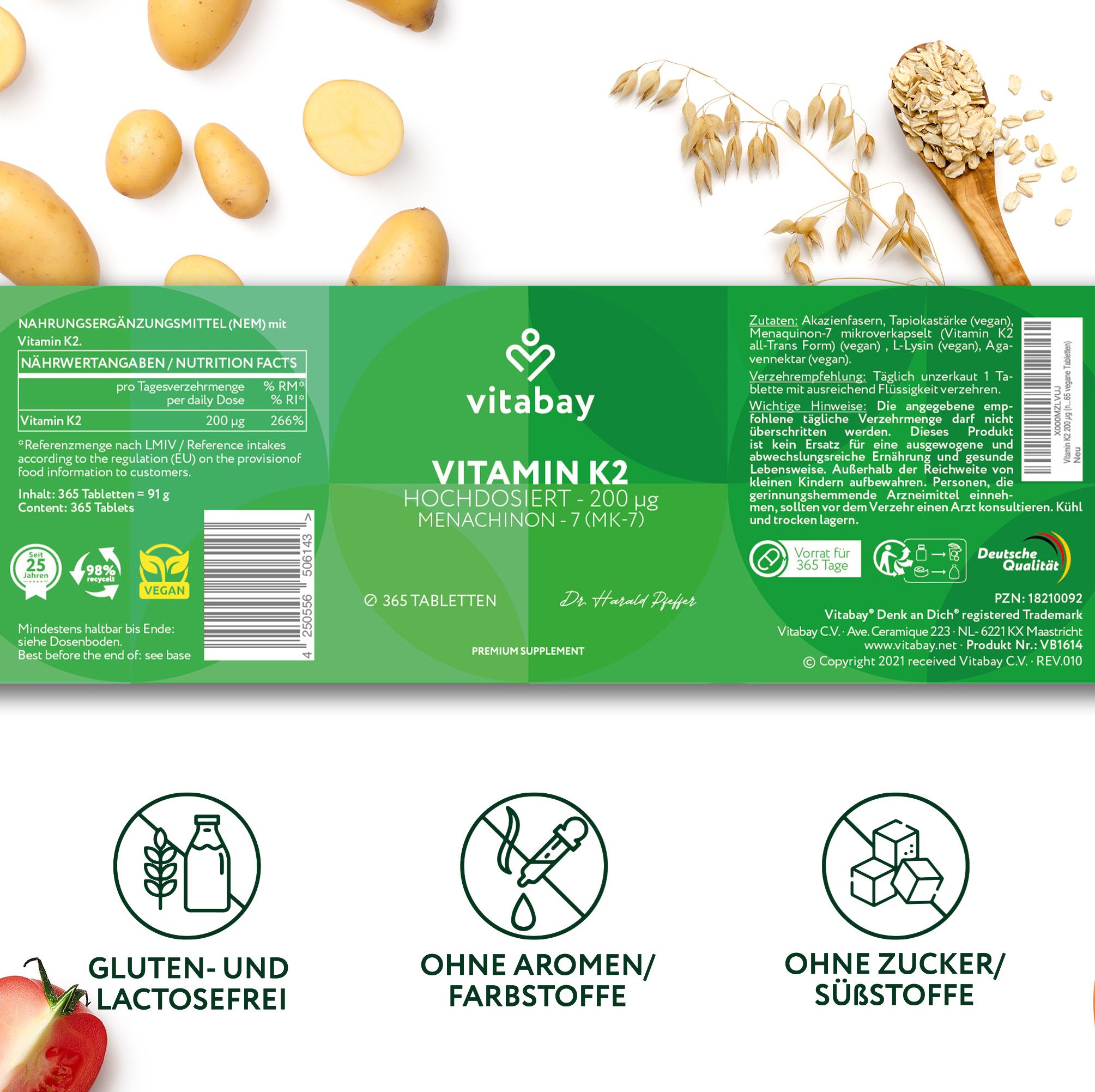 Rückseite der Verpackung von "Vitabay Vitamin K2". Enthält Nährwertangaben und Zertifizierungen. Gluten- und laktosefrei.