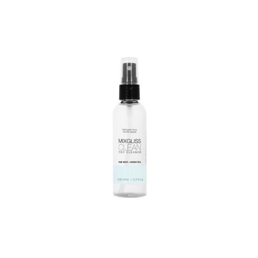 Transparente Sprühflasche mit schwarzem Sprühkopf. Aufschrift: Mixgliss Clean Toy Cleaner. Blaue und grüne Akzente. 100 ml.
