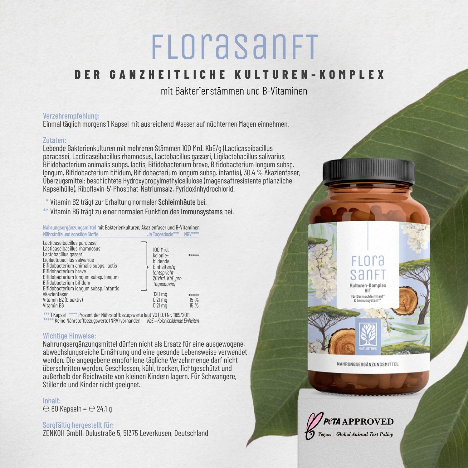 Produkt FLORASANFT in brauner Flasche. Etikett mit Produktinformationen. PETA-Logo. Blätter im Vordergrund.