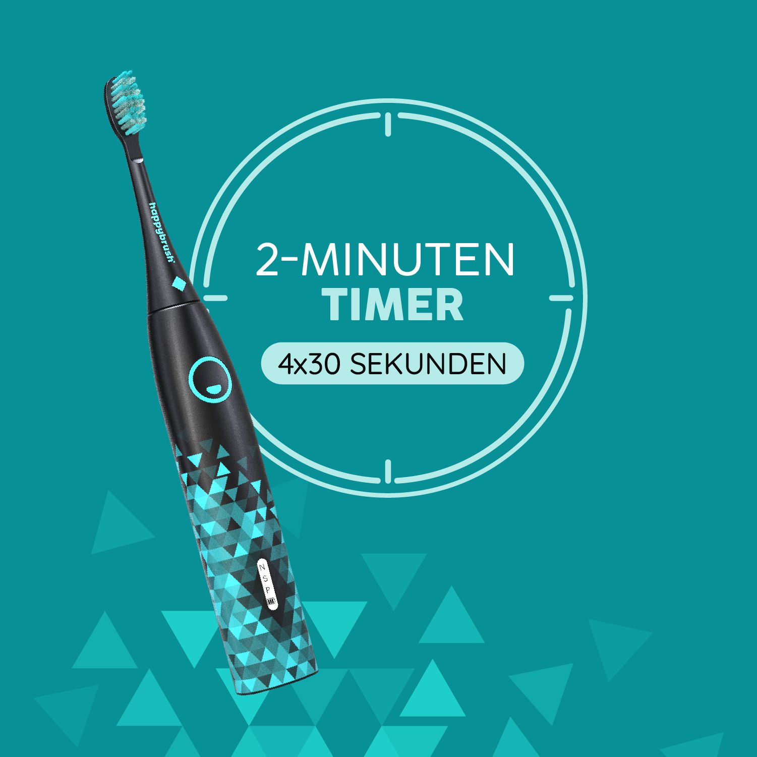Schallzahnbürste mit 2-Minuten-Timer. Türkis-schwarzes Design. Kreisförmiger Rahmen mit Text: 2-Minuten-Timer, 4x30 Sekunden.