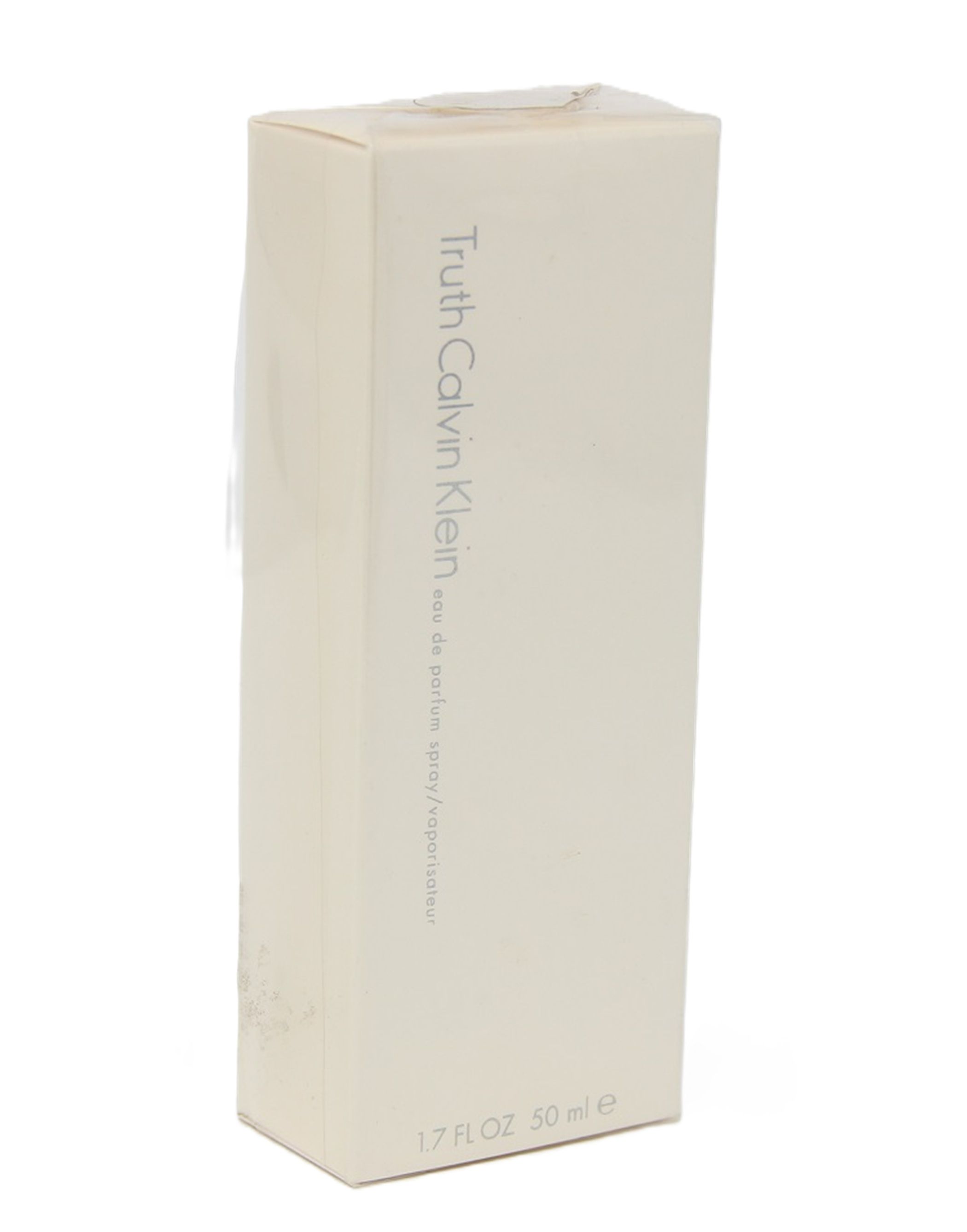 Beige rechteckige Schachtel. Aufschrift: Truth Calvin Klein. 1.7 FL OZ 50 ml.