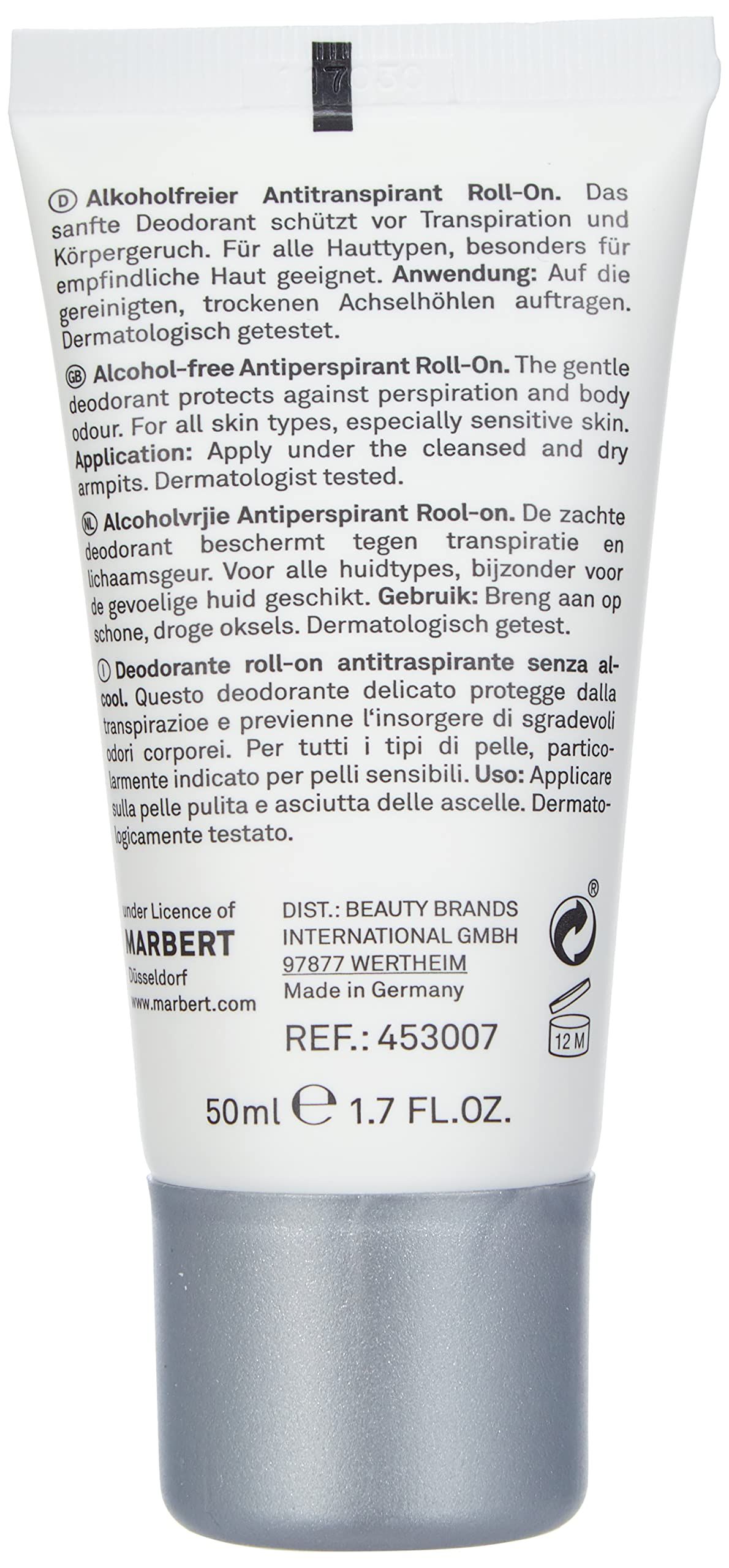 Rückseite einer Roll-On-Tube. Text in mehreren Sprachen. Enthält Informationen zu Inhaltsstoffen und Anwendung. Mit 50ml und 1.7 FL.OZ.