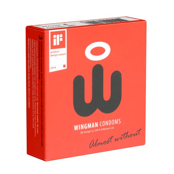 Rote Schachtel mit Logo und Schriftzug "WINGMAN CONDOMS". iF Product Design Award 2014. "Almost without".
