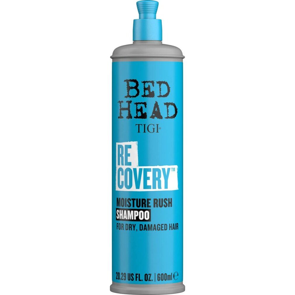 Türkis Shampoo-Flasche mit grauem Deckel. Aufschrift: Bed Head Tigi Re-covery Moisture Rush Shampoo. Für trockenes, geschädigtes Haar.