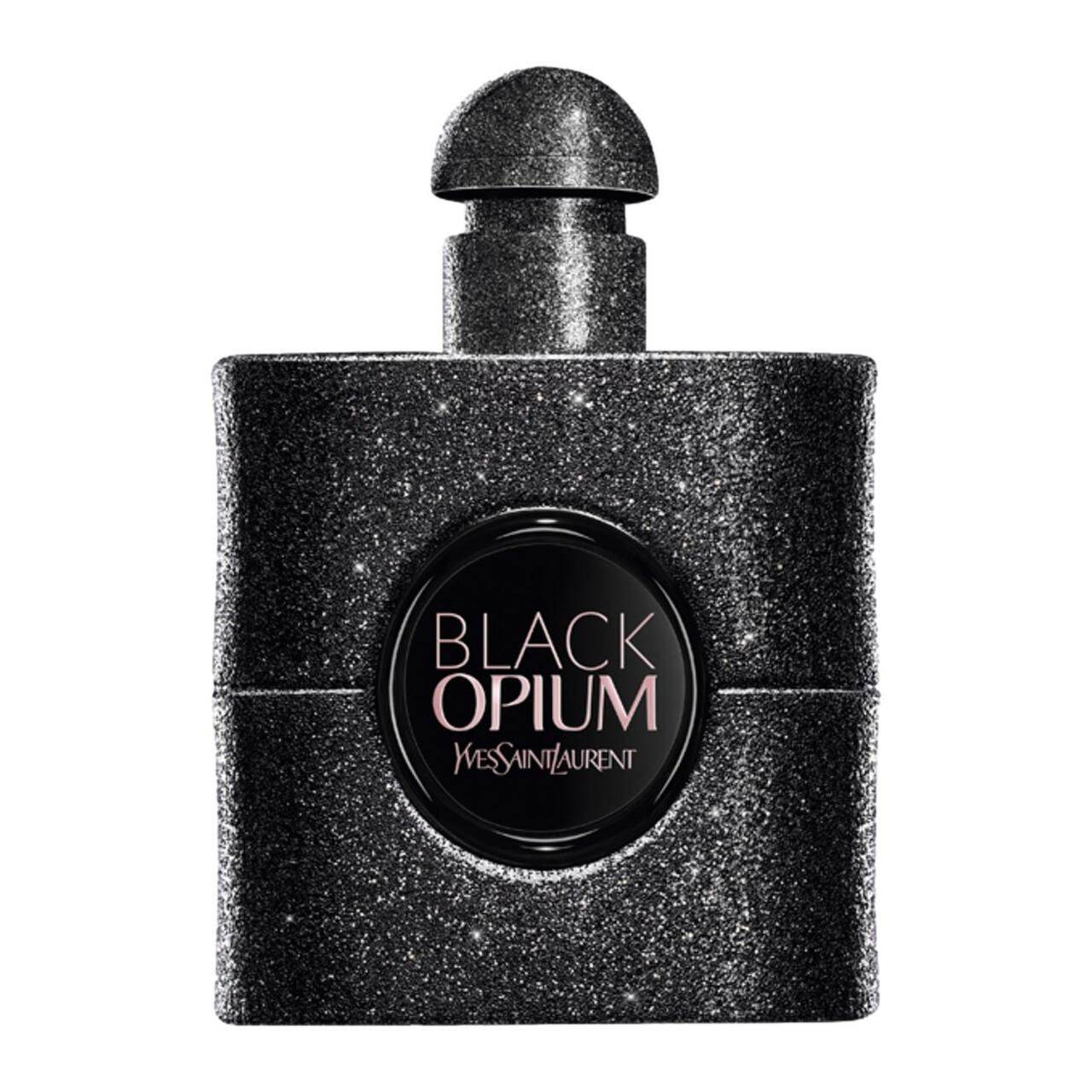 Schwarzer Flakon mit Glitzer-Effekt. Aufschrift: Black Opium, Yves Saint Laurent. Schwarzer Verschluss.