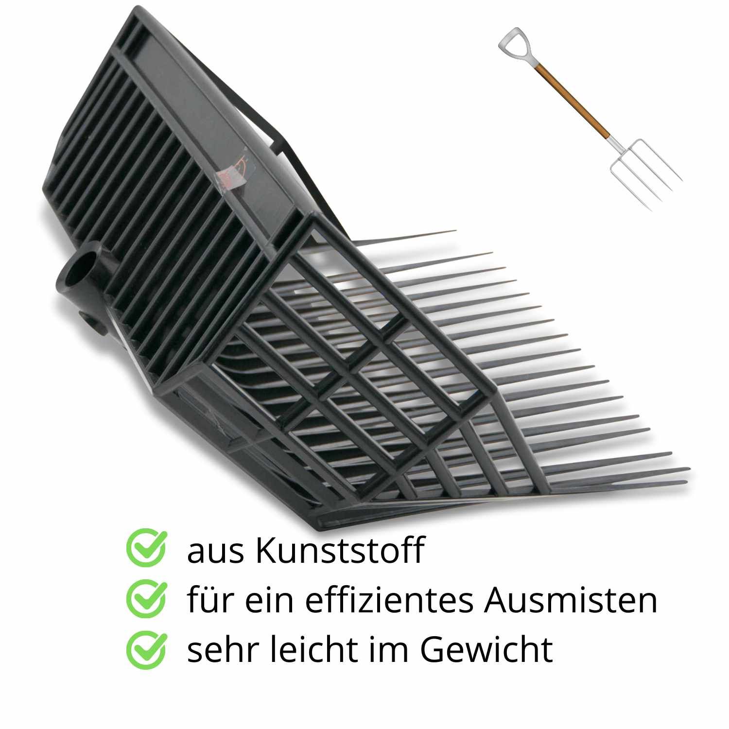Schwarze Mistgabel aus Kunststoff. Text: 'aus Kunststoff', 'für ein effizientes Ausmisten', 'sehr leicht im Gewicht'.