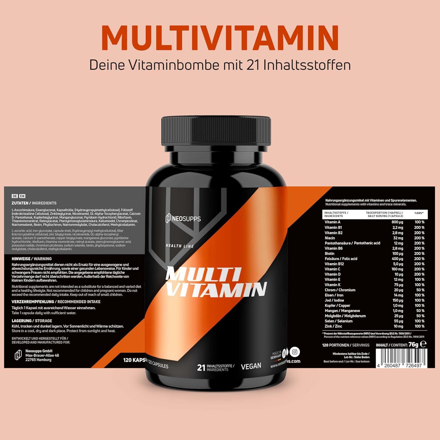 Schwarze Flasche "Multi Vitamin" mit Etikett. 120 Kapseln, 21 Inhaltsstoffe, vegan. Aufschrift und Inhaltsstoffe.