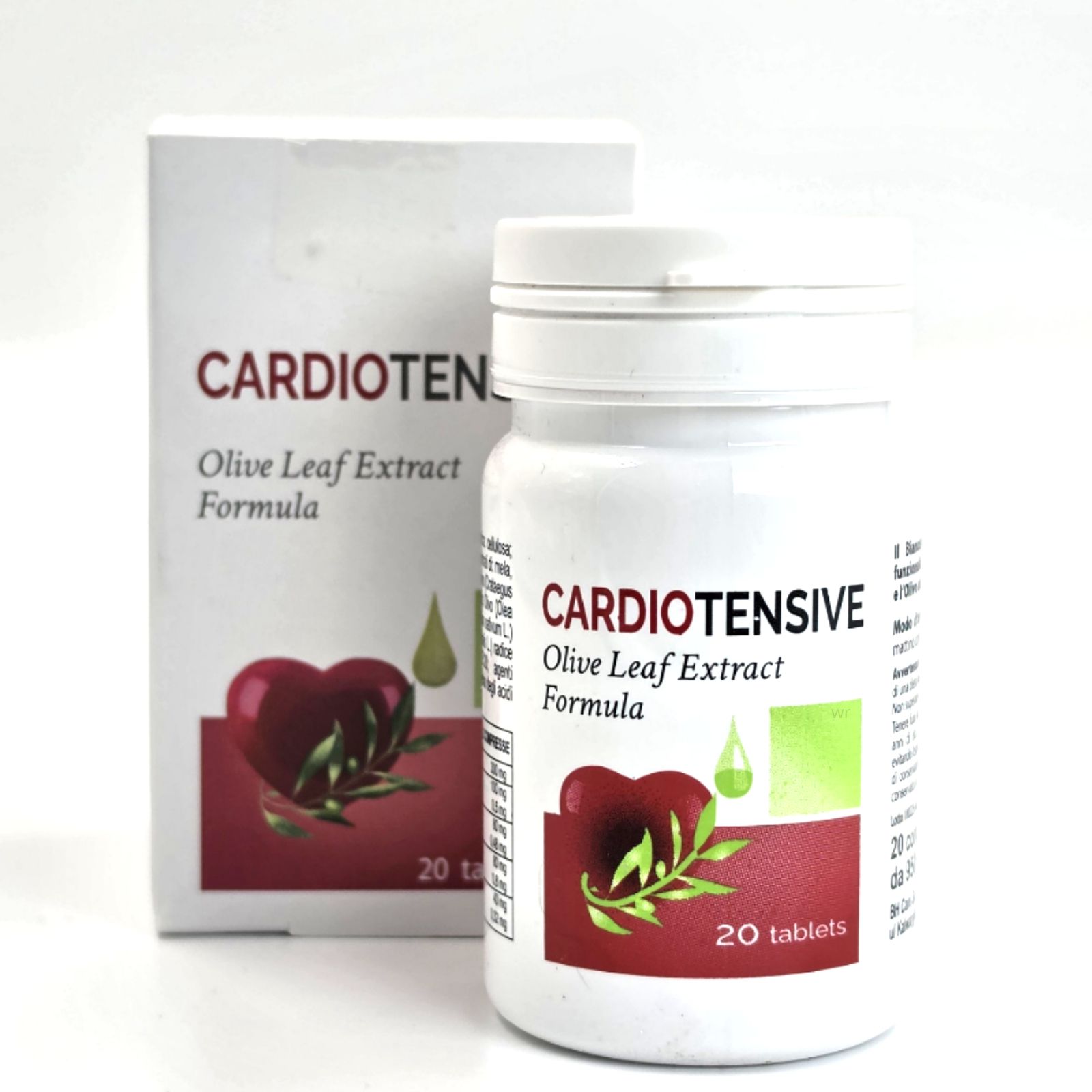 Weiße Flasche und Schachtel mit CARDIO TENSIVE, Olivenblattextrakt-Formel, Herz-Design, 20 Tabletten. Flasche und Schachtel nebeneinander.