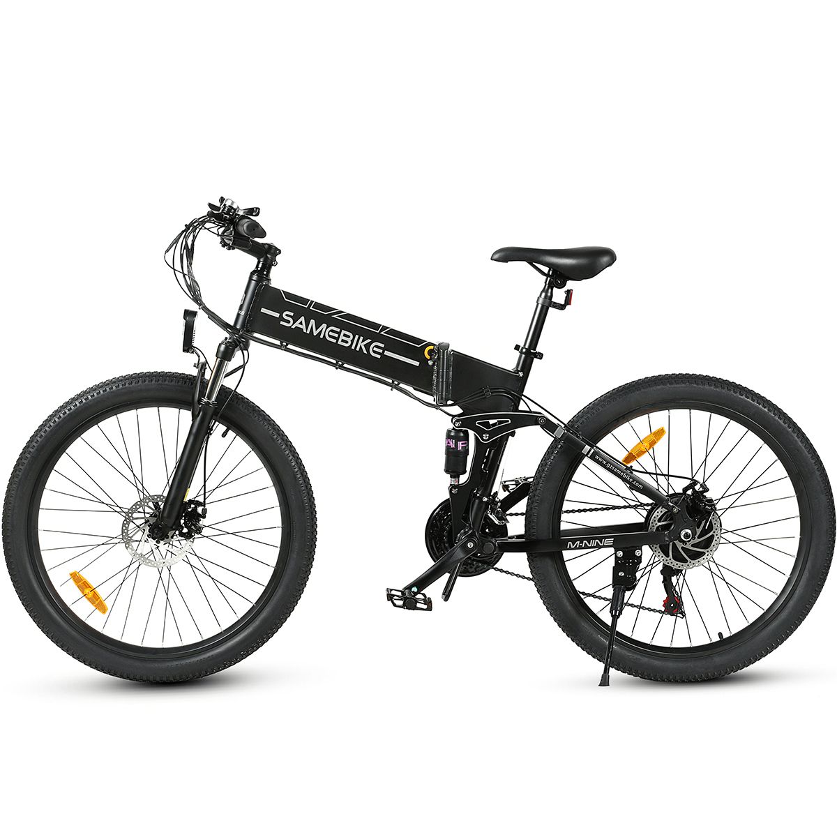 Schwarzes Elektrofahrrad. Räder, Sattel, Lenker und Akku sichtbar. Marke SAMEBIKE.