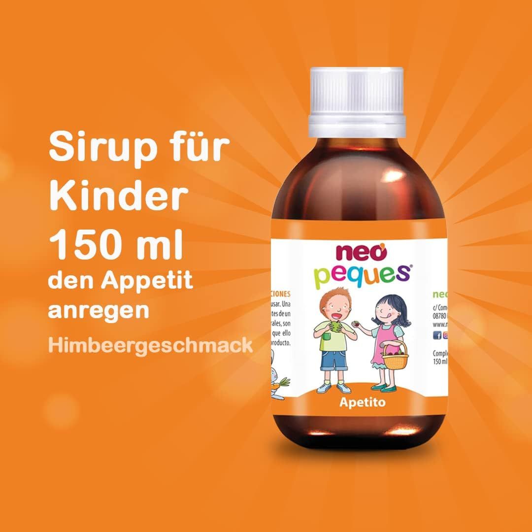 Braune Flasche mit weißem Deckel. Etikett mit Logo und Text. Aufschrift: Sirup für Kinder, 150 ml, Himbeergeschmack.