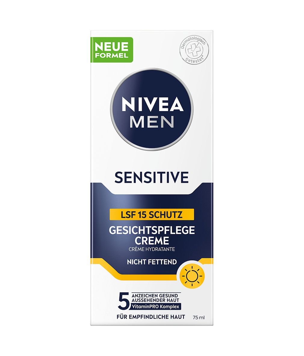 Verpackung NIVEA MEN Sensitive Gesichtspflege Creme mit LSF 15. Weiße Verpackung mit blauer und gelber Beschriftung. Grüner Aufdruck.