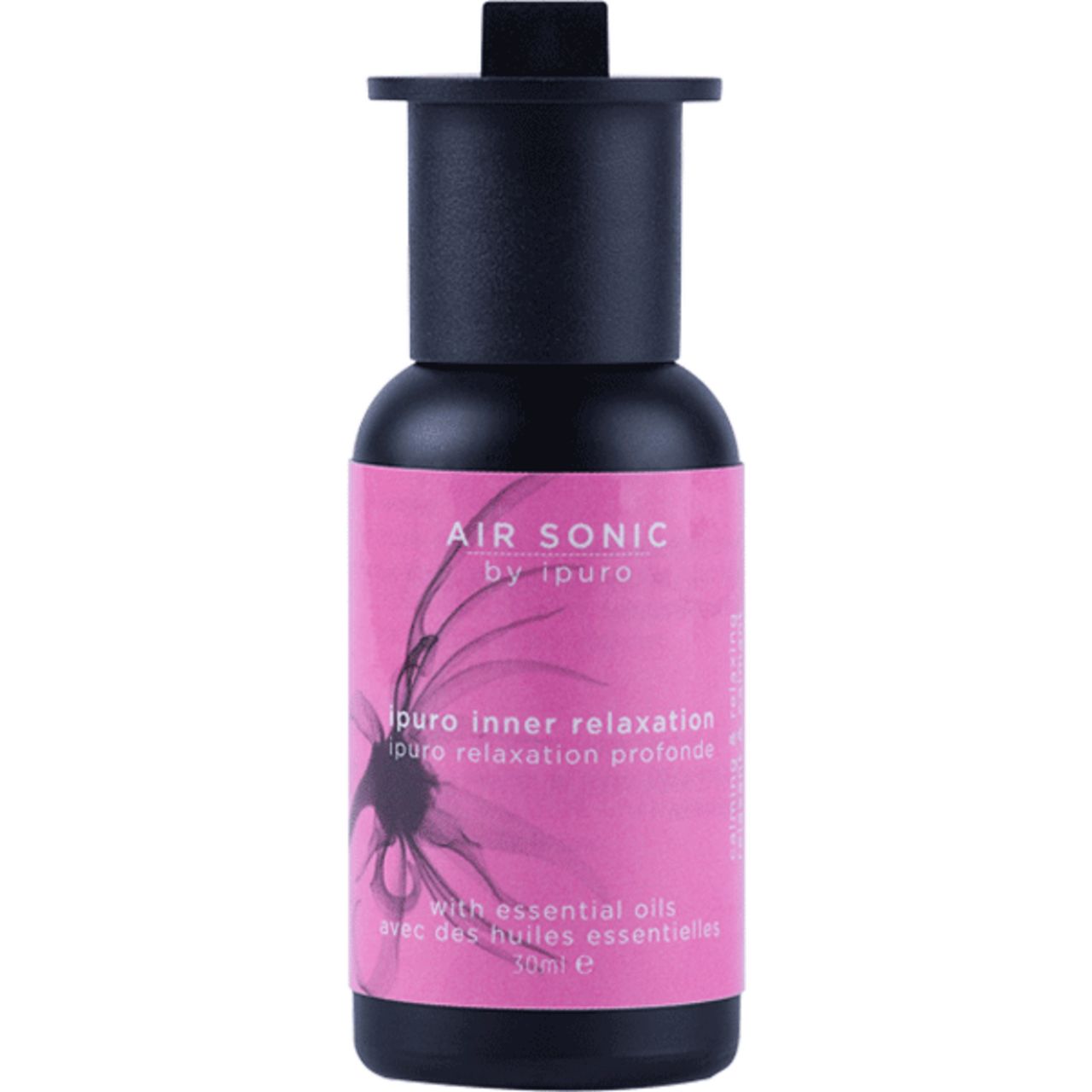 Schwarzer Diffusor mit rosa Etikett. Text: Air Sonic by Ipuro, inner relaxation, mit ätherischen Ölen.