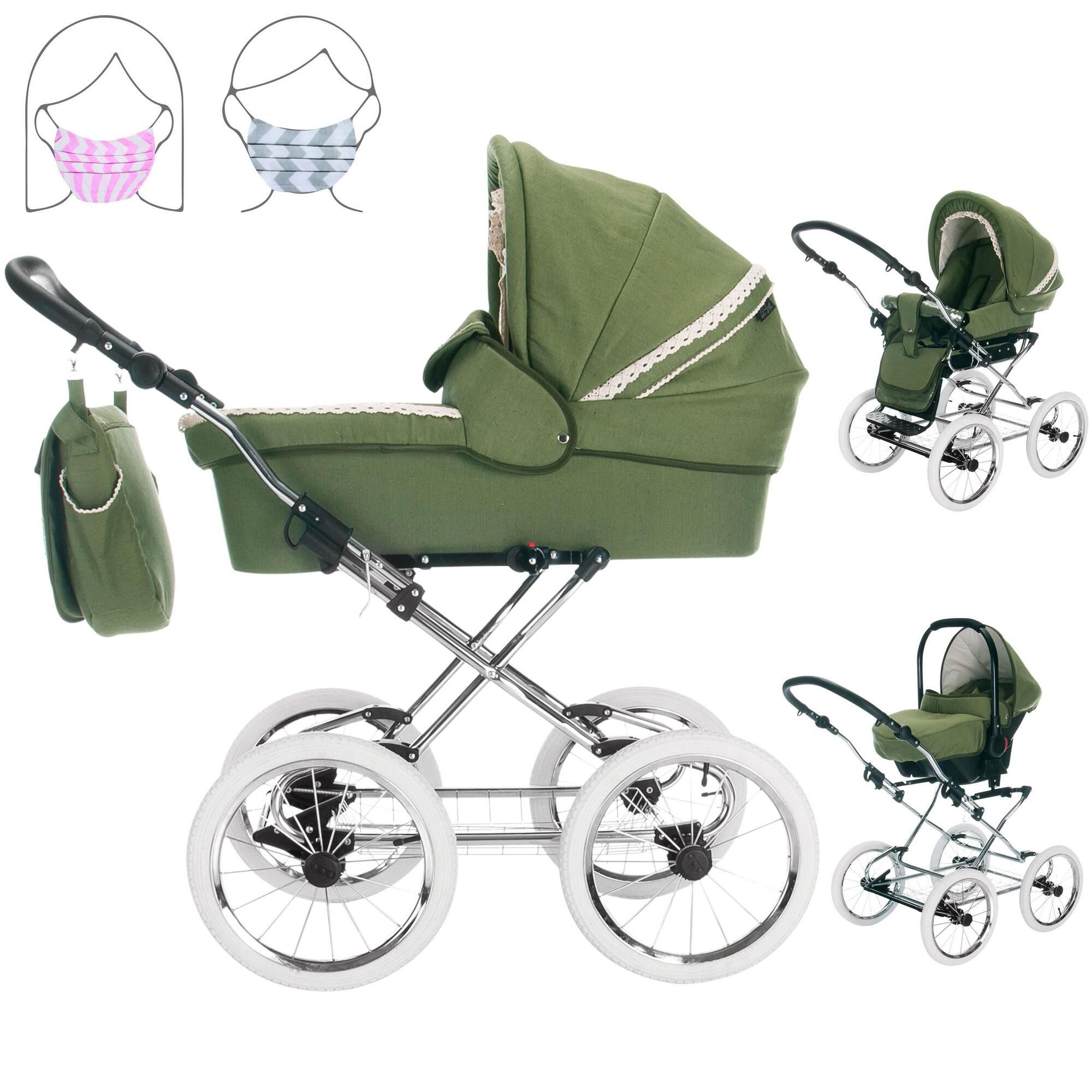 Friedrich Hugo Natureline 3 in 1 Kinderwagen Set Öko Nostalgie Kinderwagen, Elisabeth Forrest Silver