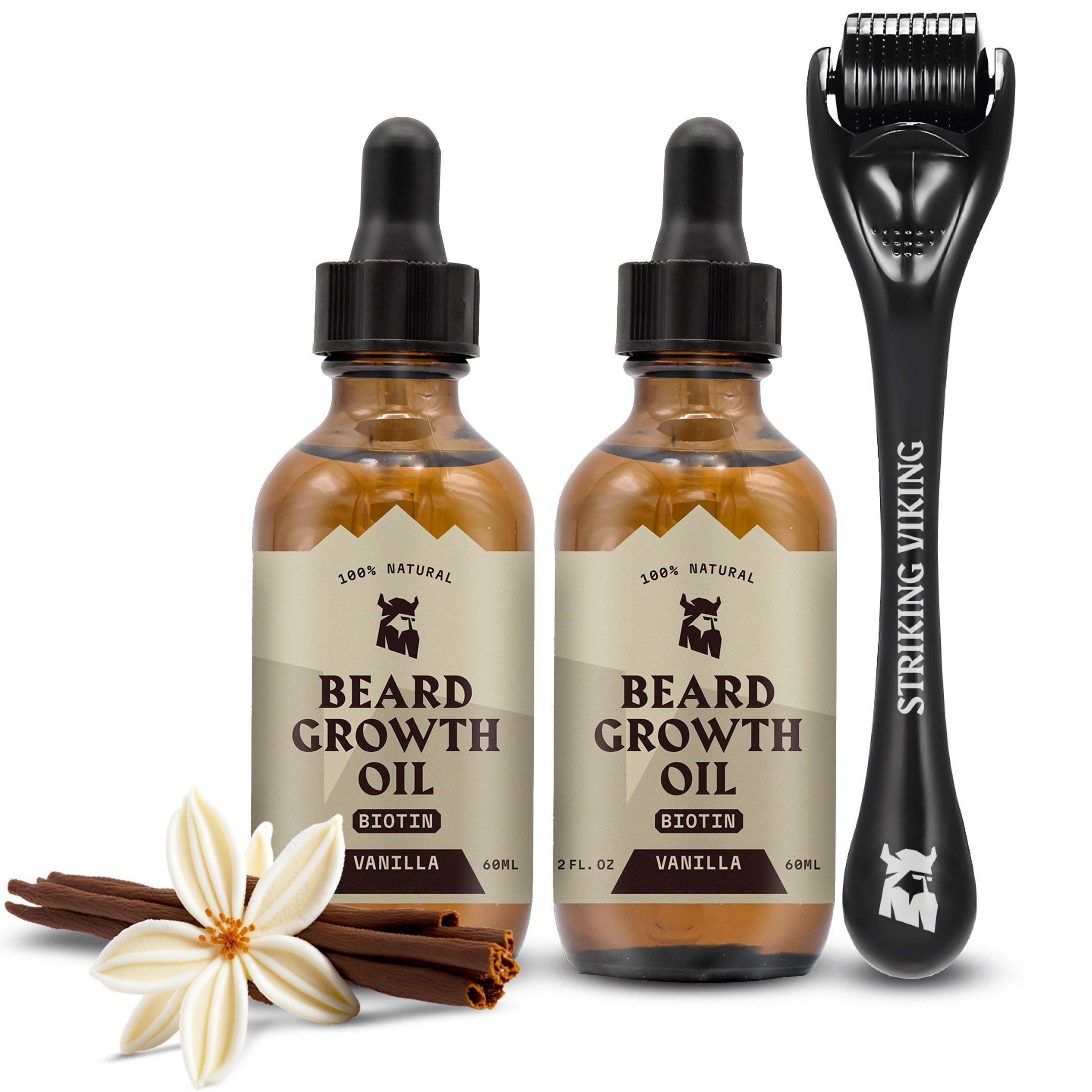 Zwei Flaschen Bartwuchsöl, Derma-Roller und Vanille. Aufschrift: Beard Growth Oil, Biotin, Vanille. Marke: Striking Viking.