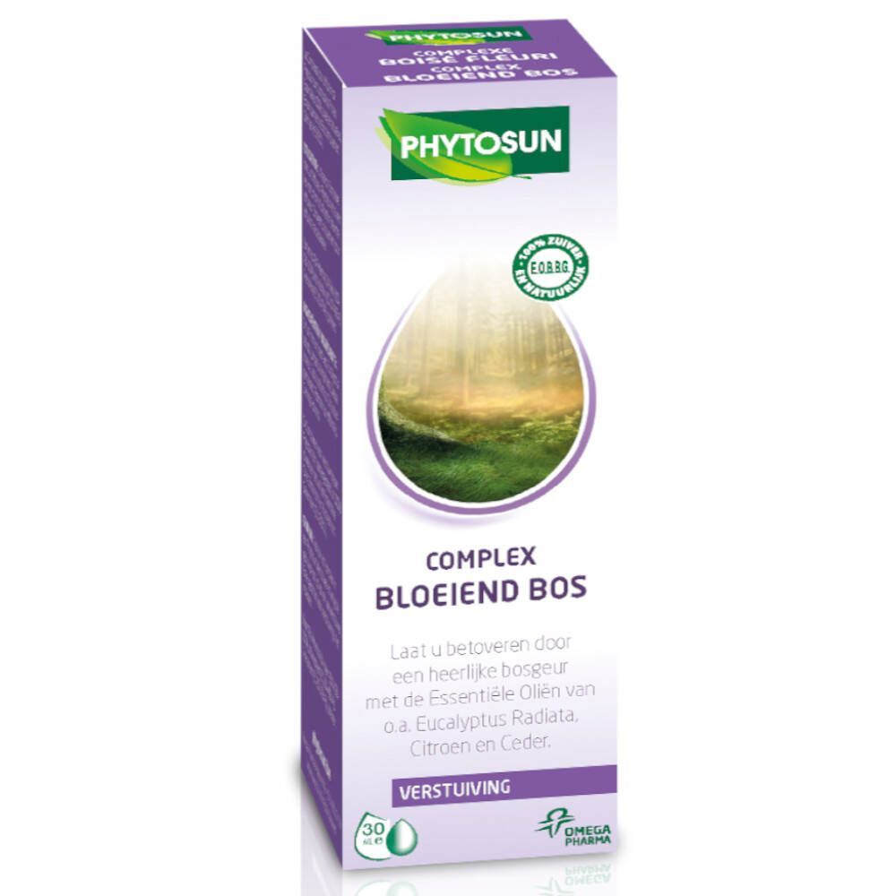 Phytosun Complex Bois Fleuri. Boîte violette. Texte: Complex Bloeiend Bos, 30 ml, 100% huiles essentielles pures.