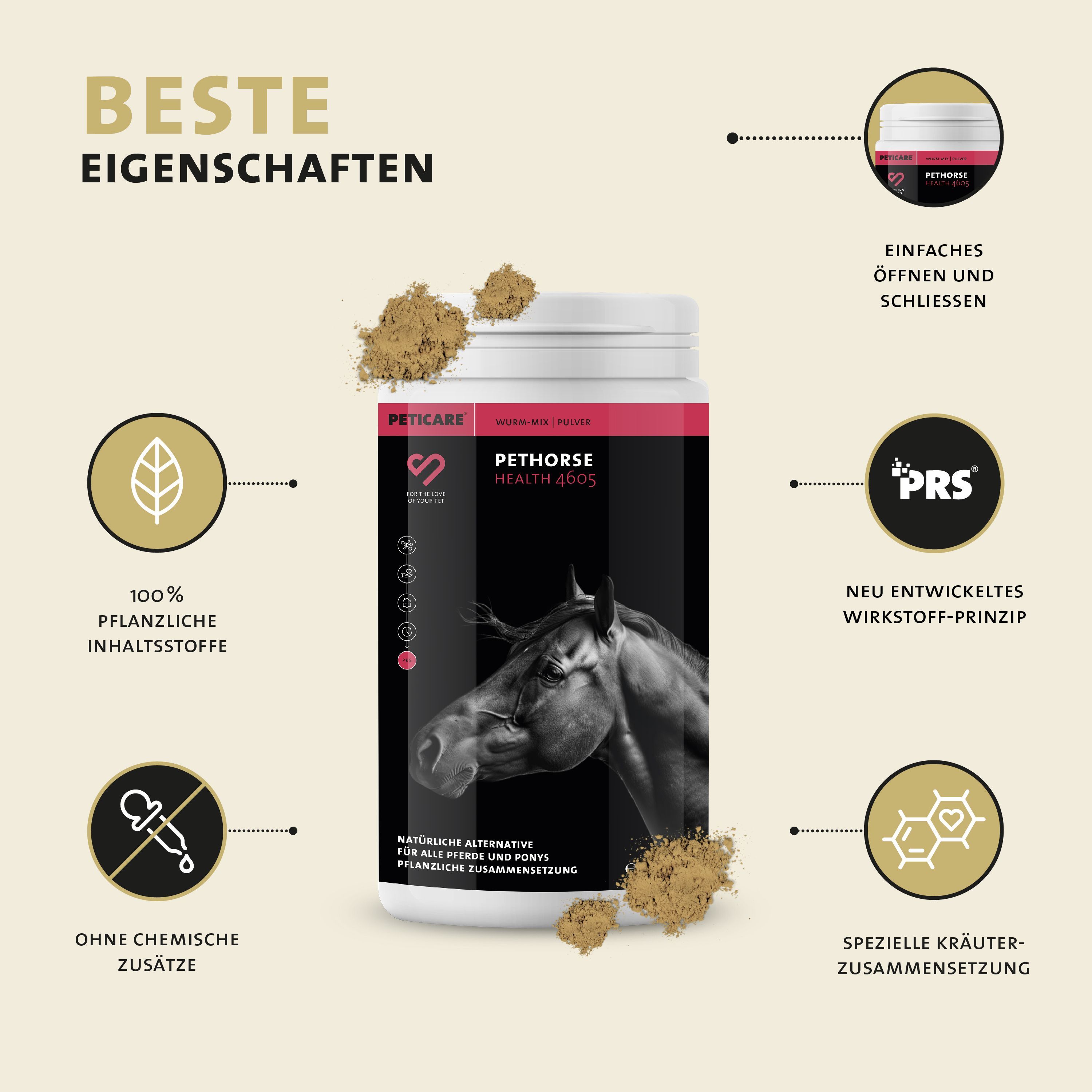 Weißes Produkt. Text: Beste Eigenschaften. Logo: Pethorse Health 4605. Text: 100% pflanzliche Inhaltsstoffe. Ohne chemische Zusätze.
