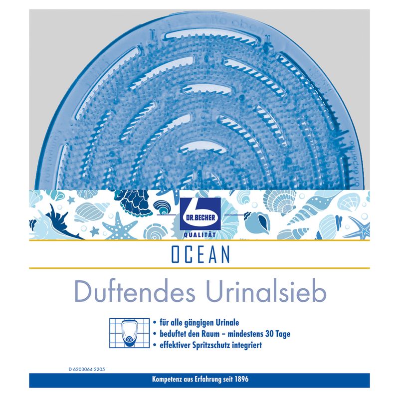 Blaues Urinalsieb mit "DR. BECHER"-Logo und "OCEAN"-Schriftzug. Text: "Duftendes Urinalsieb".